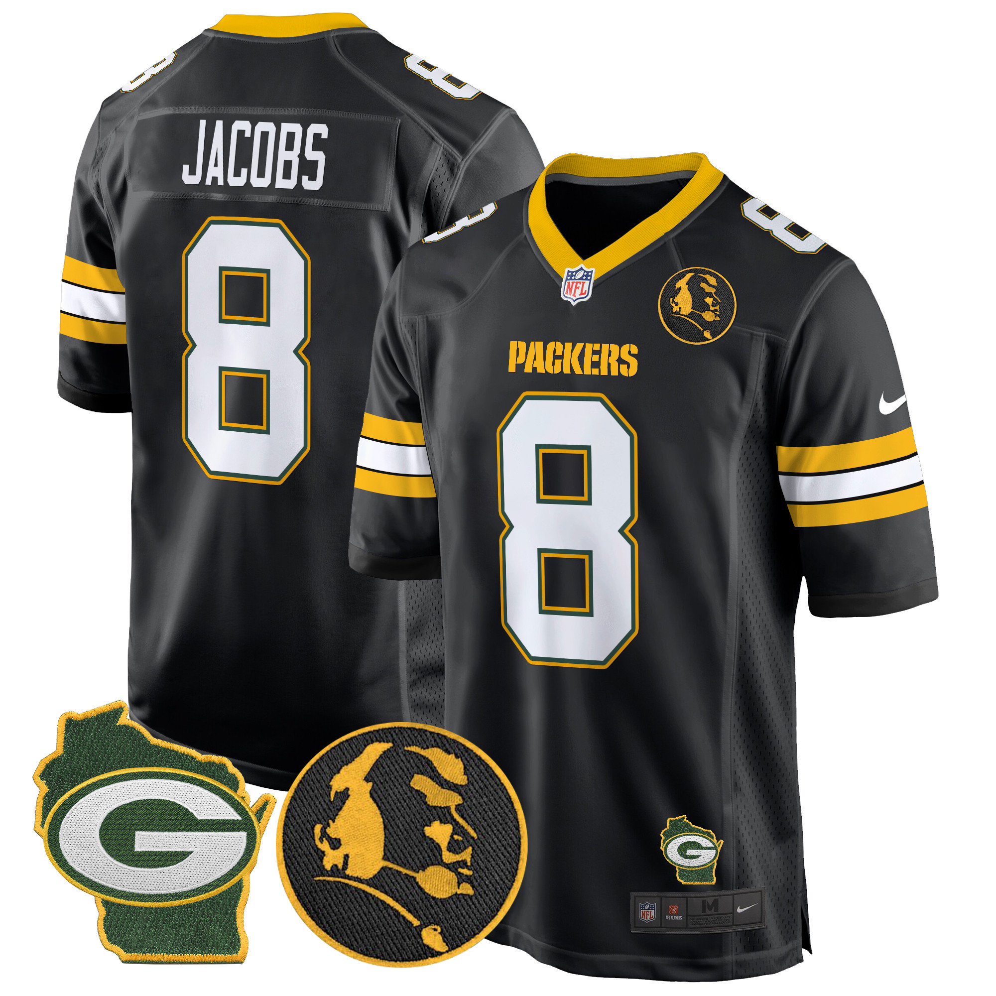 Men's Josh Jacobs Green Bay Packers John Madden & Home Patch Game Black Jersey - All Stitched