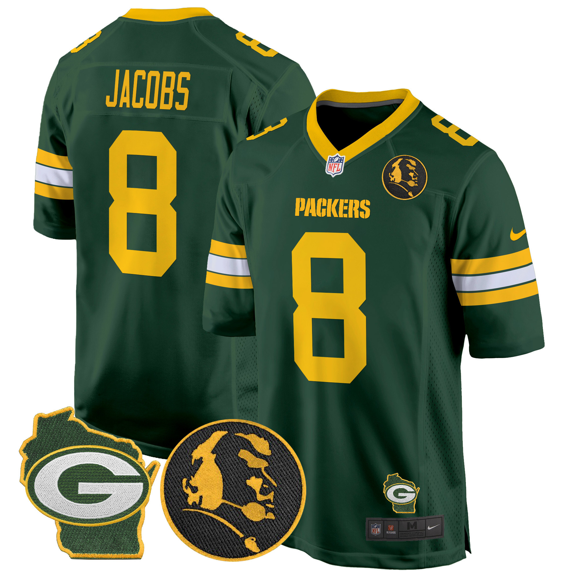 Men's Josh Jacobs Green Bay Packers John Madden & Home Patch Game Green Jersey - All Stitched