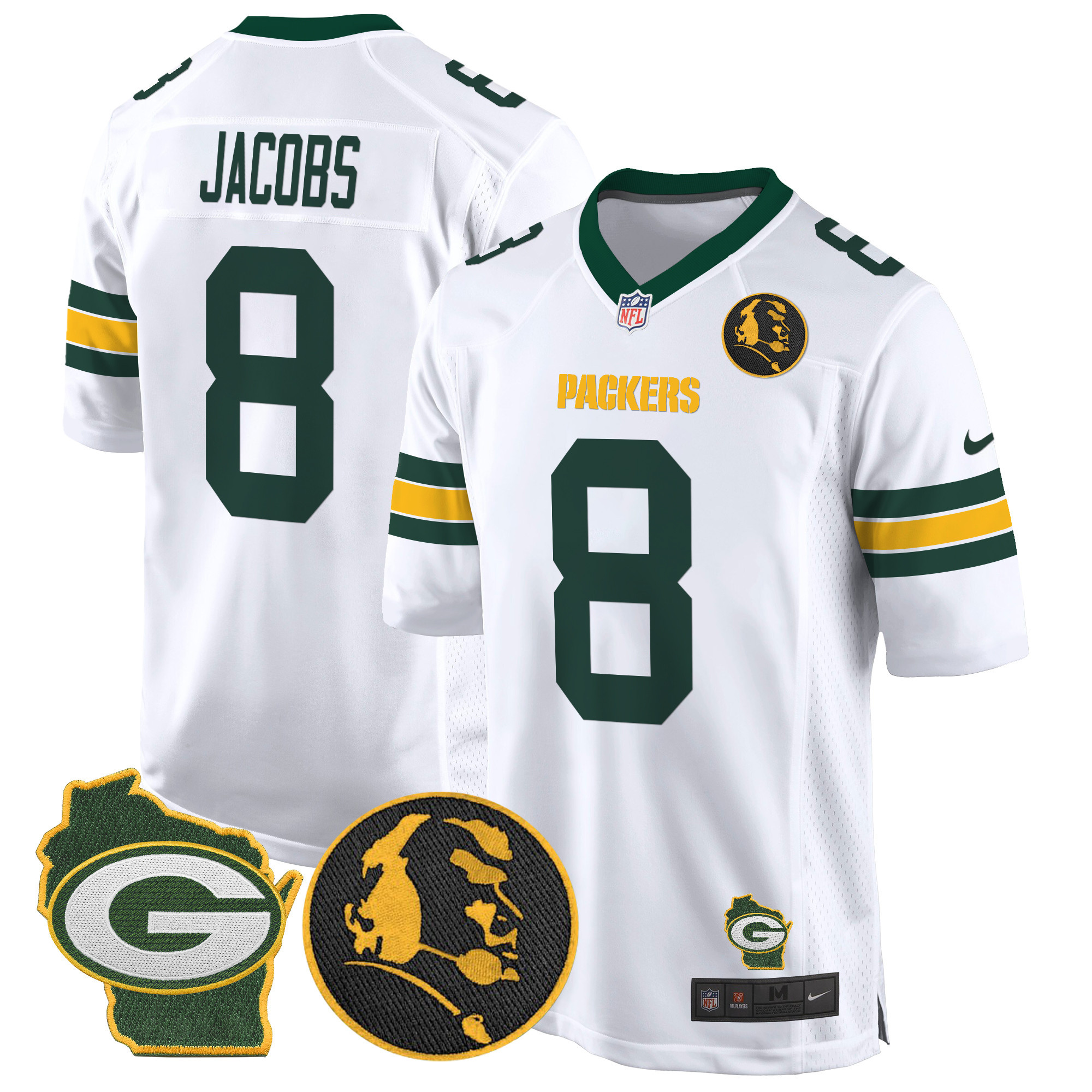 Men's Josh Jacobs Green Bay Packers John Madden & Home Patch Game White Jersey - All Stitched