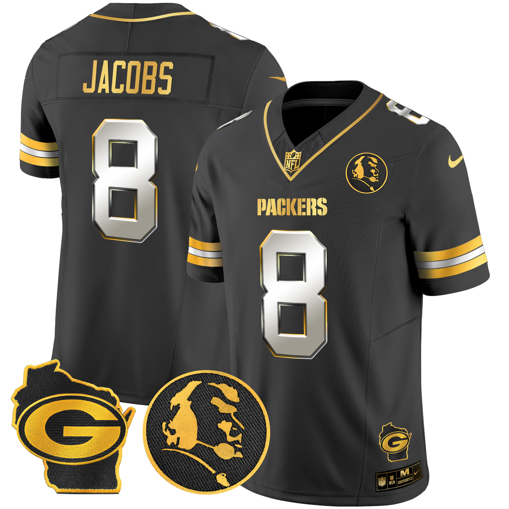 Men's Josh Jacobs Green Bay Packers John Madden & Home Patch Gold Vapor Limited Black Limited Jersey - All Stitched