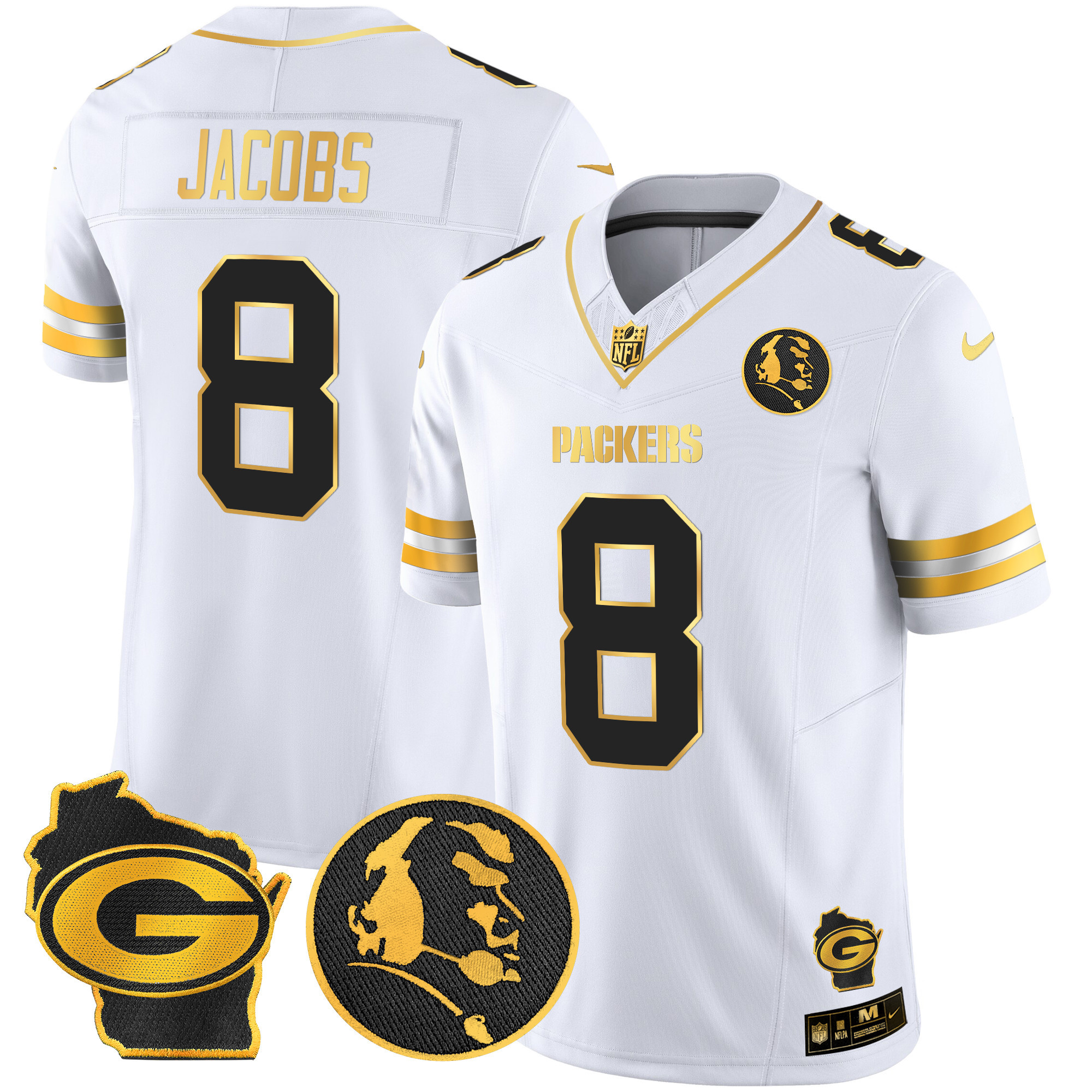 Men's Josh Jacobs Green Bay Packers John Madden & Home Patch Gold Vapor Limited White Gold Jersey - All Stitched