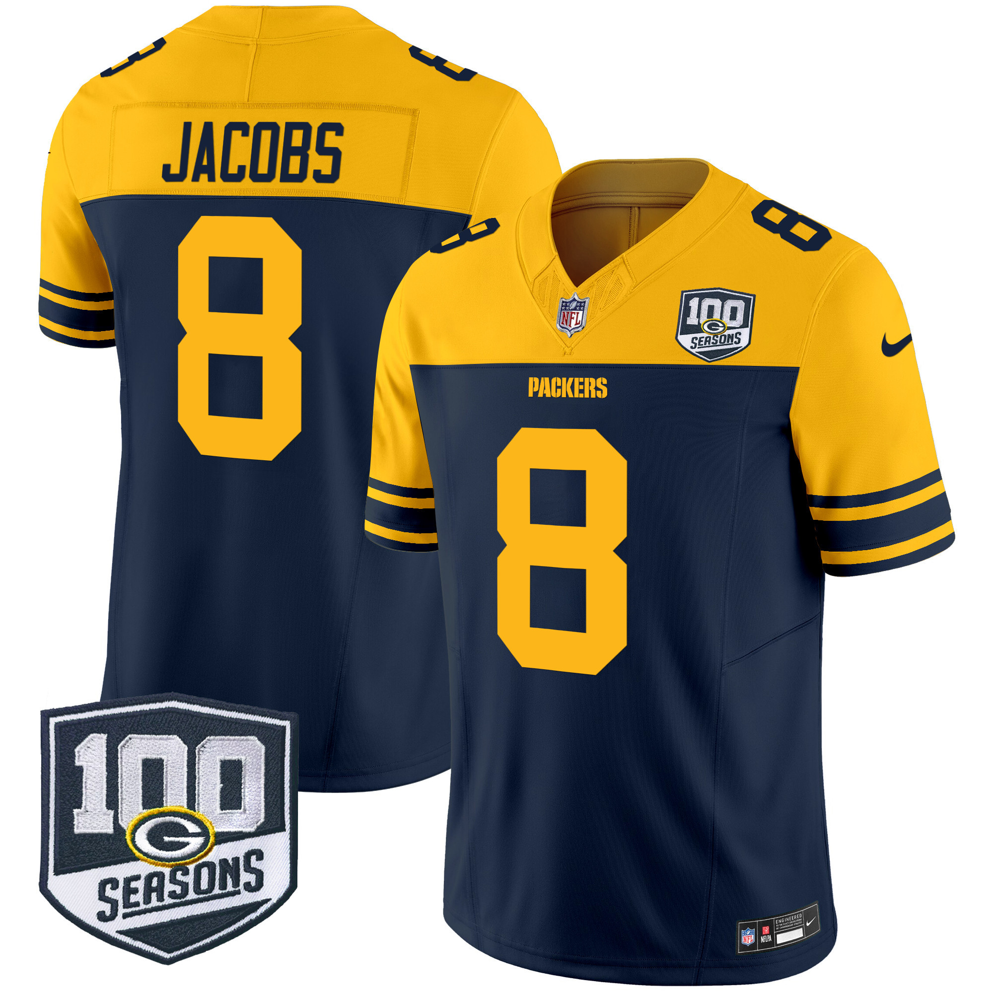 Men's Josh Jacobs Green Bay Packers Throwback 100th Season Patch Vapor Limited Navy Jersey - All Stitched