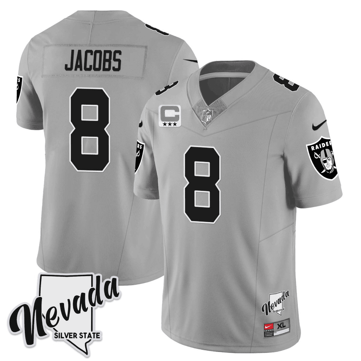Men's Josh Jacobs Las Vegas Raiders 2023 Nevada Silver State Patch Vapor Silver Jersey – All Stitched