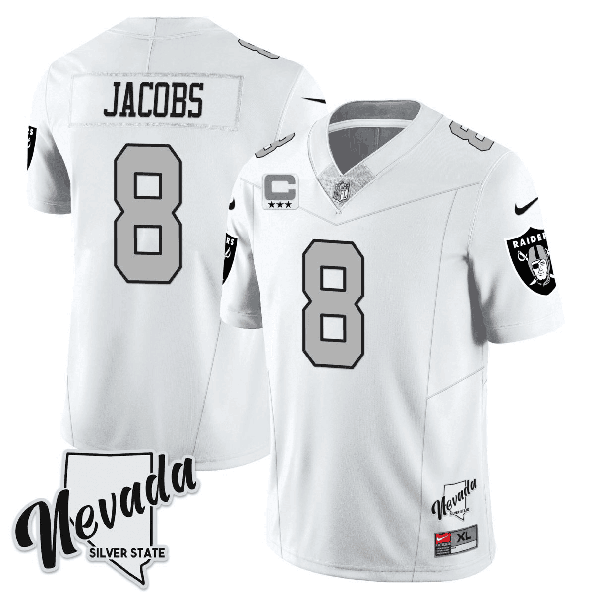 Men's Josh Jacobs Las Vegas Raiders 2023 Nevada Silver State Patch Vapor White Silver Jersey – All Stitched
