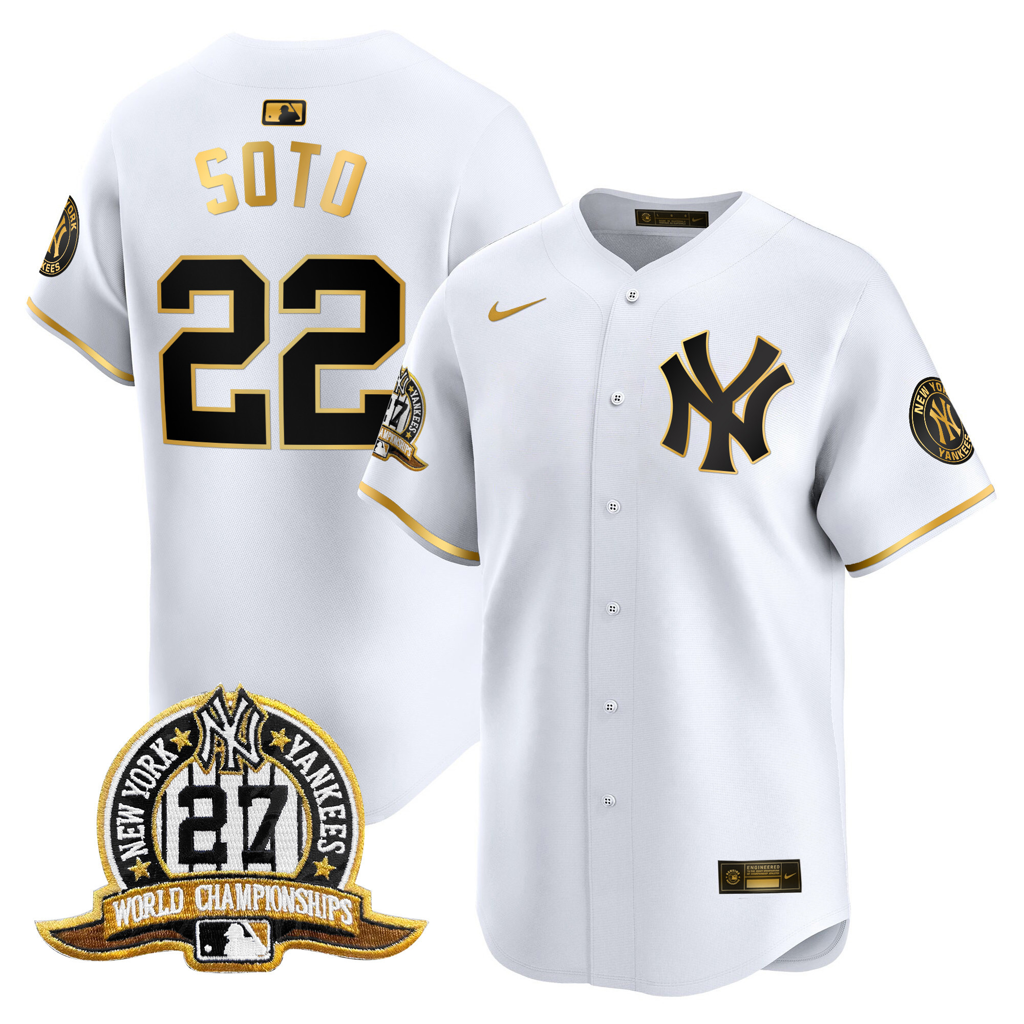 Men's Juan Soto New York Yankees 27 Time Champions Patch Vapor Premier Limited White Gold Jersey - All Stitched