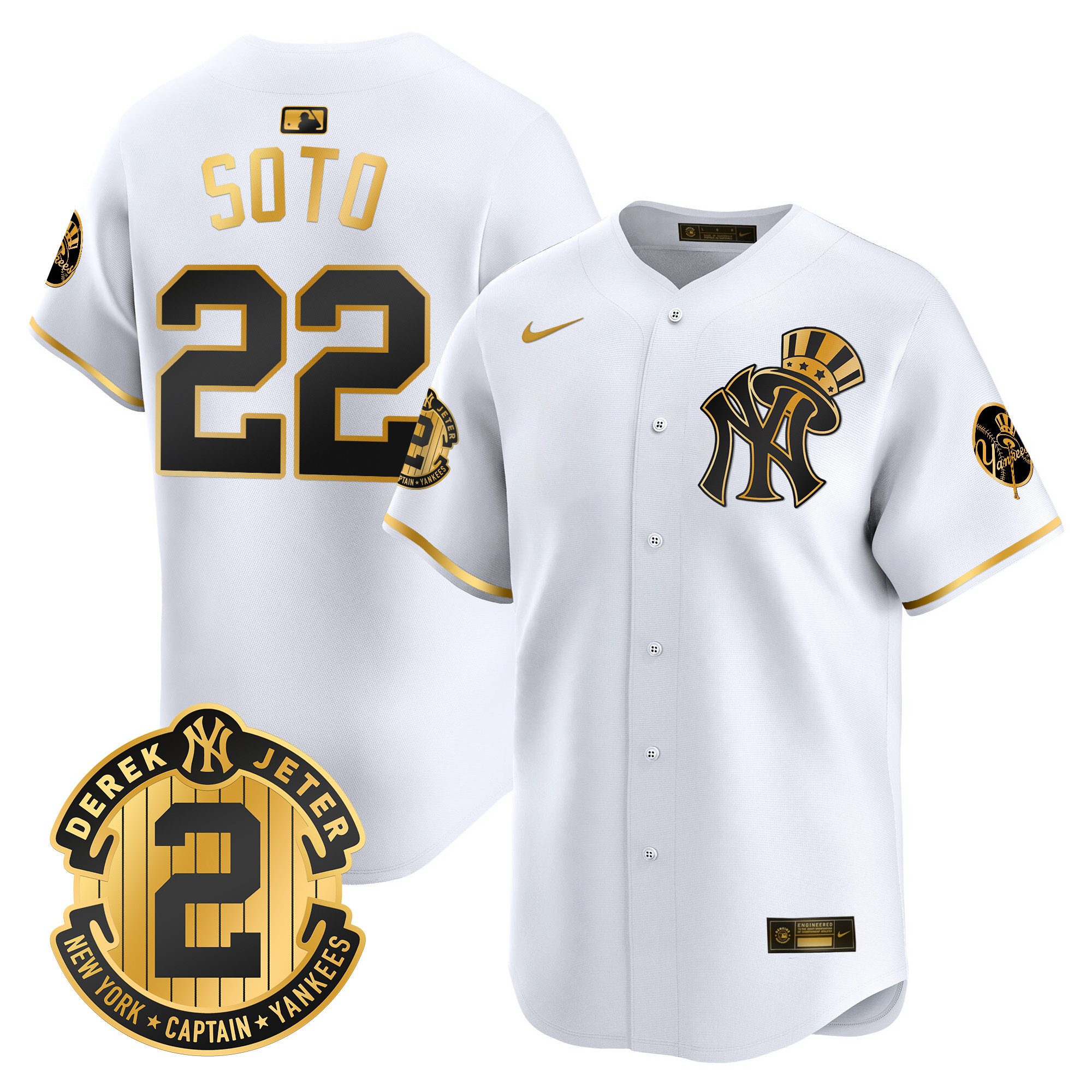 Men's Juan Soto New York Yankees Derek Jeter Patch Vapor Premier Limited White Gold Jersey V2 - All Stitched