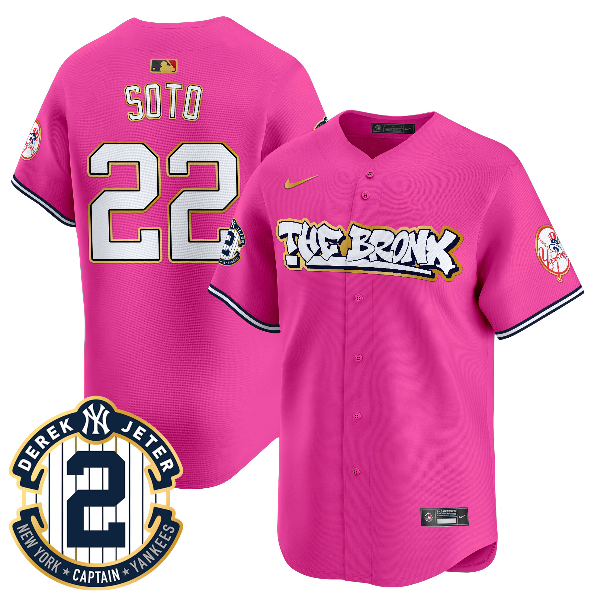 Men's Juan Soto New York Yankees The Bronx Graffiti Gold Trim Vapor Premier Limited Pink Jersey - All Stitched