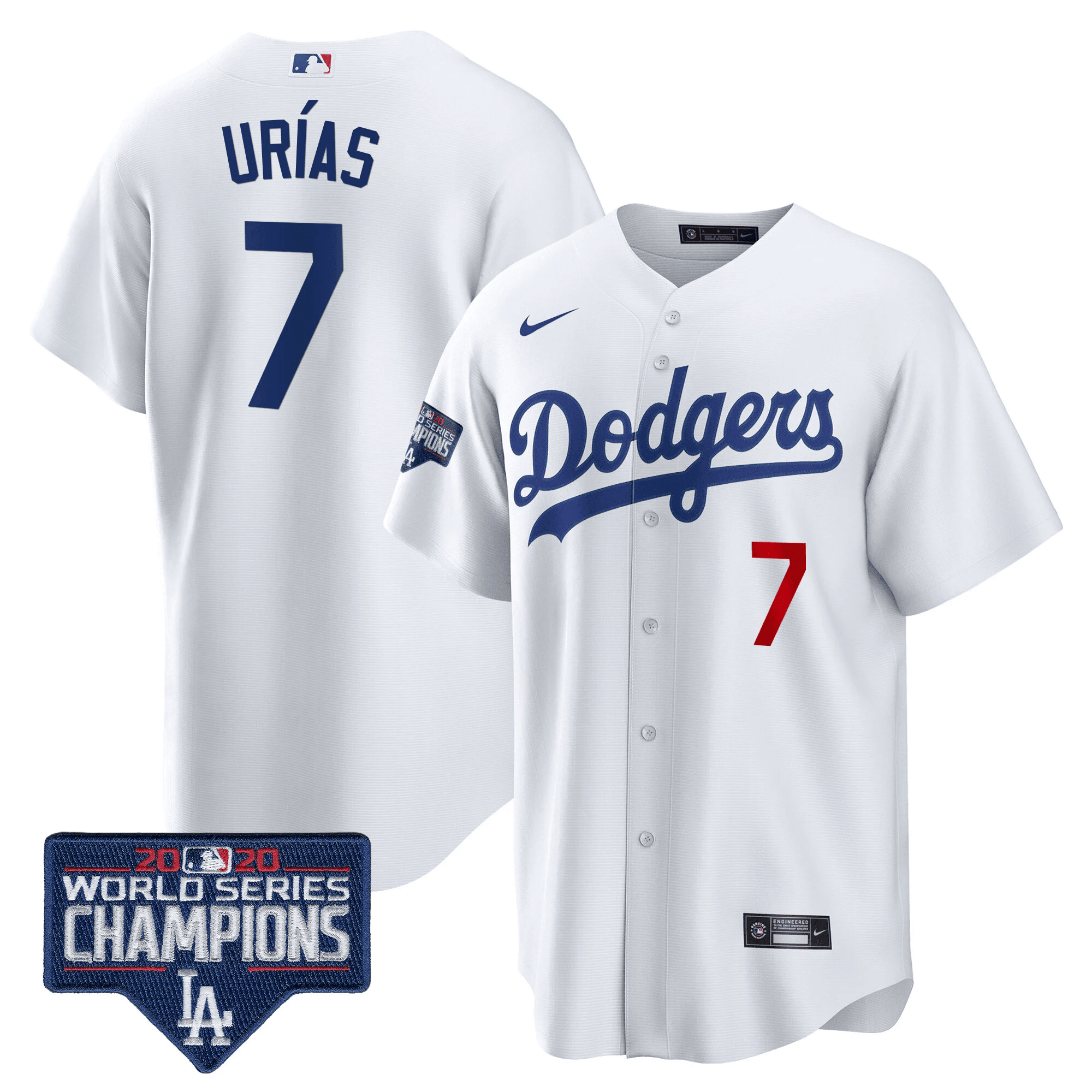Men's Julio UrÌas Los Angeles Dodgers World Series Champions Patch Cool Base White Jersey - All Stitched