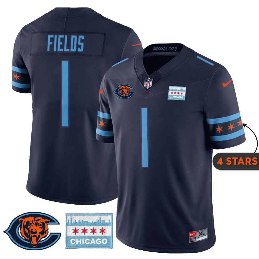 Men's Justin Fields Chicago Bears City Edition Navy Jersey - Chicago Flag - All Stitched
