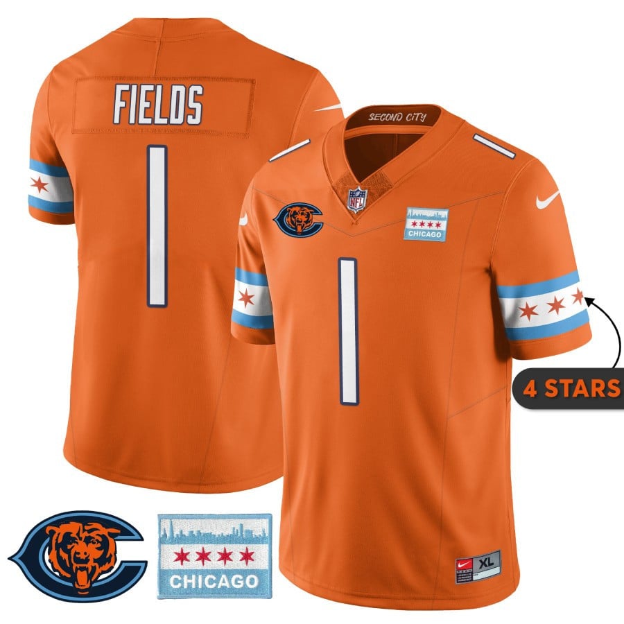 Men's Justin Fields Chicago Bears City Edition Orange Jersey - Chicago Flag - All Stitched