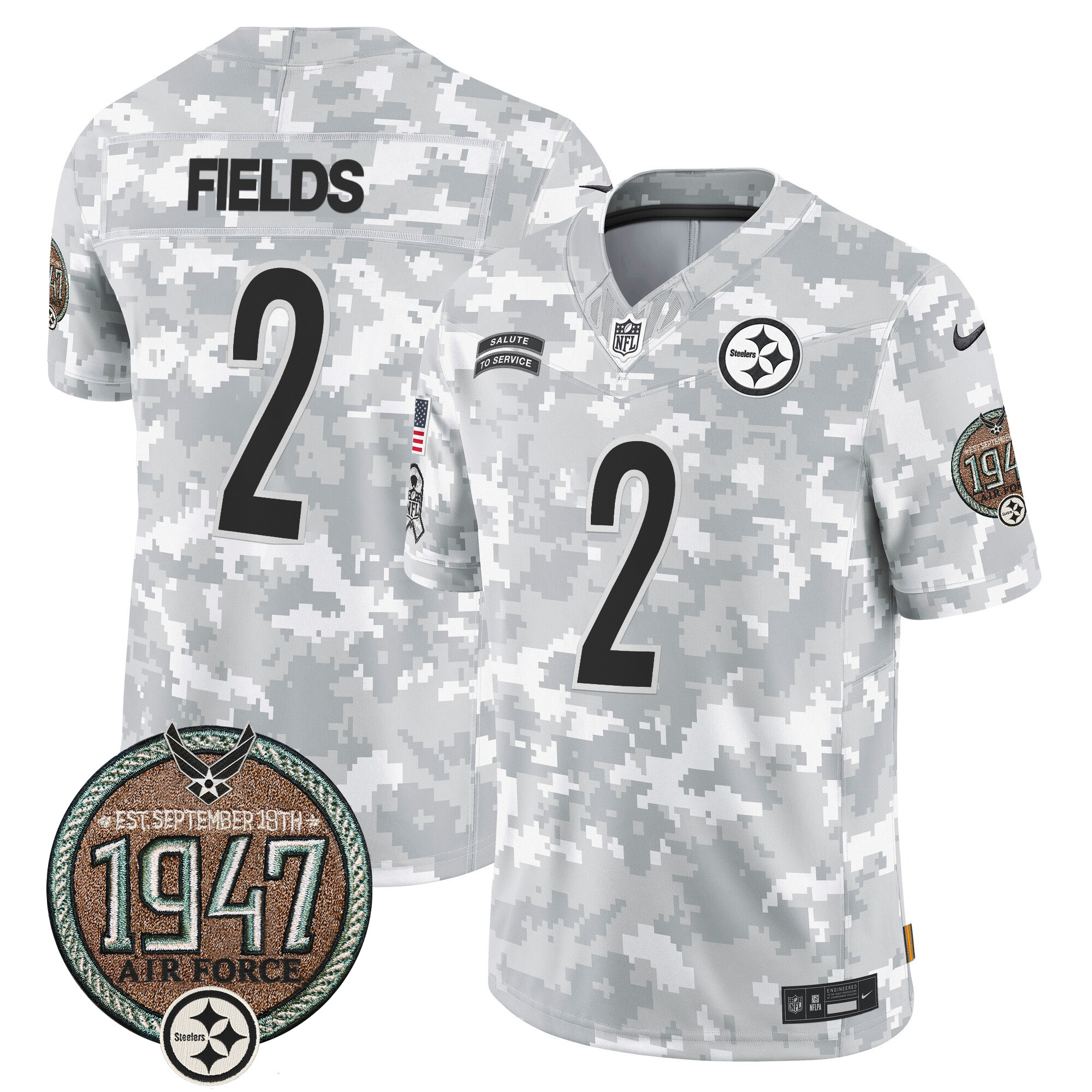 Men's Justin Fields Pittsburgh Steelers 2024 Salute to Service Establishment Year Patch Vapor Limited Air Force Jersey - All Stitched