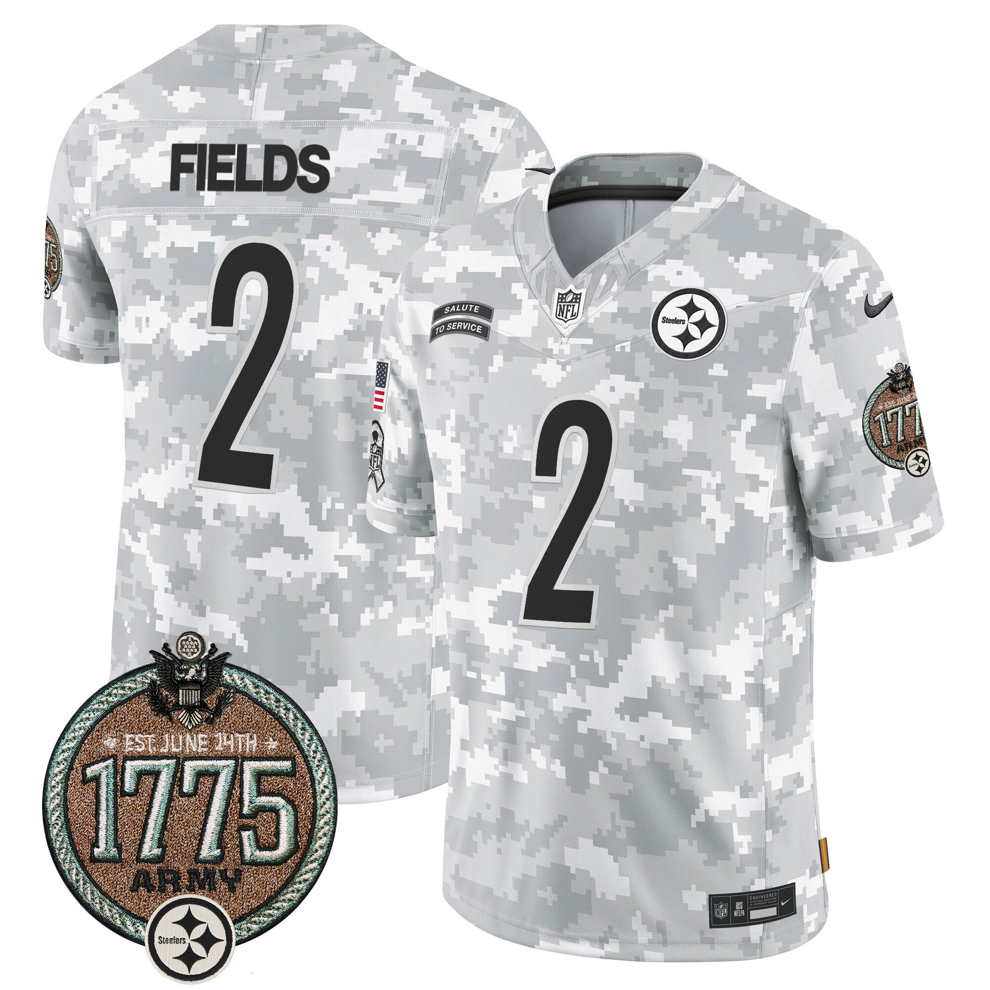 Men's Justin Fields Pittsburgh Steelers 2024 Salute to Service Establishment Year Patch Vapor Limited Army Jersey - All Stitched