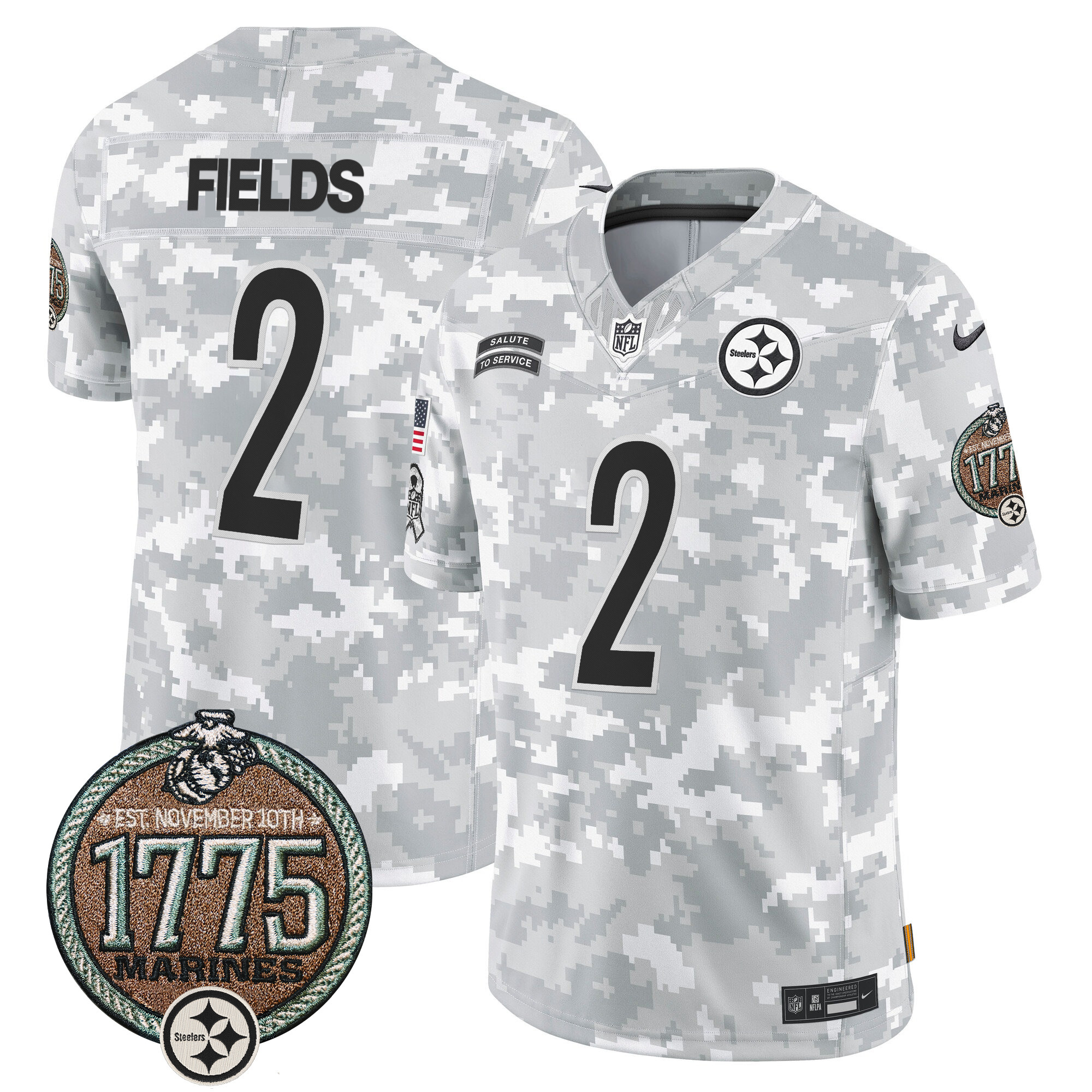 Men's Justin Fields Pittsburgh Steelers 2024 Salute to Service Establishment Year Patch Vapor Limited Marines Jersey - All Stitched