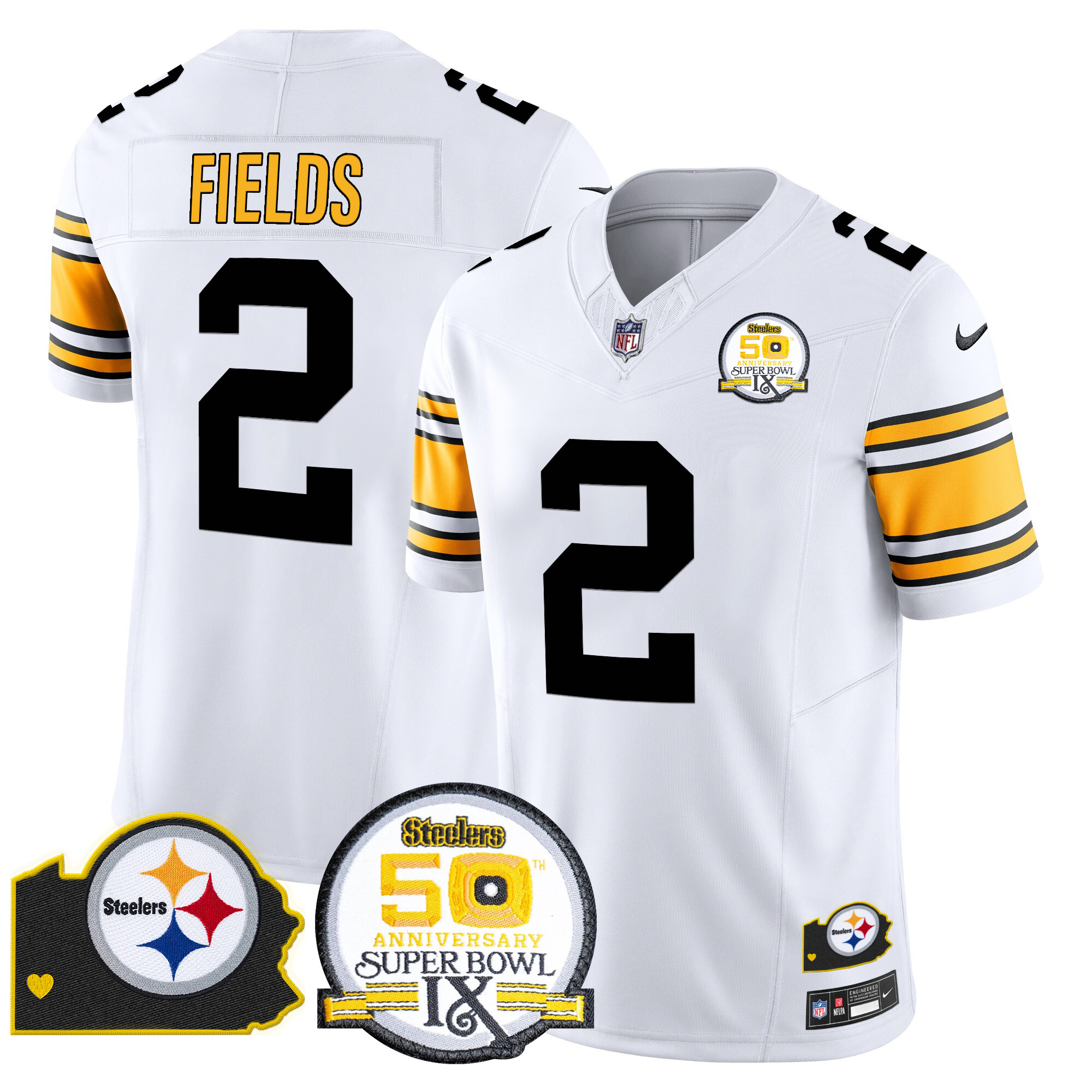 Men's Justin Fields Pittsburgh Steelers 50th Anniversary Of Super Bowl IX & Map Patch Vapor Limited 1975 White Jersey - All Stitched