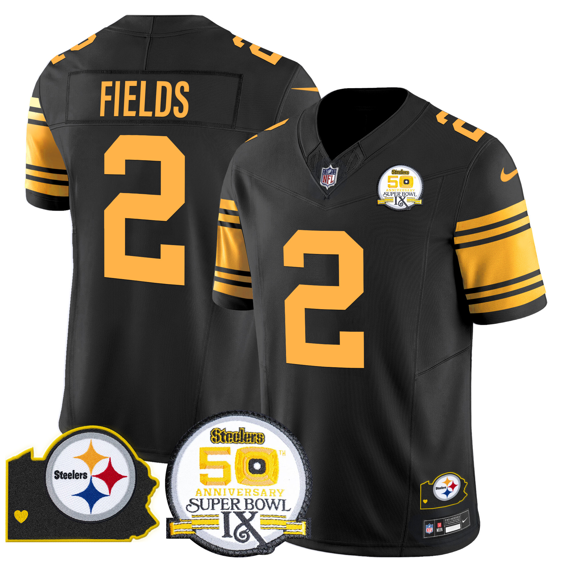 Men's Justin Fields Pittsburgh Steelers 50th Anniversary Of Super Bowl IX & Map Patch Vapor Limited Color Rush Jersey - All Stitched