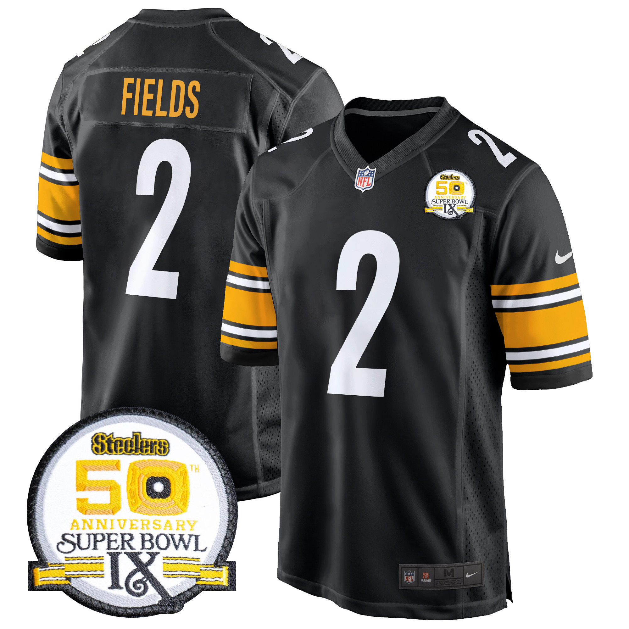 Men's Justin Fields Pittsburgh Steelers 50th Anniversary Of Super Bowl IX Patch Game Black Jersey - All Stitched