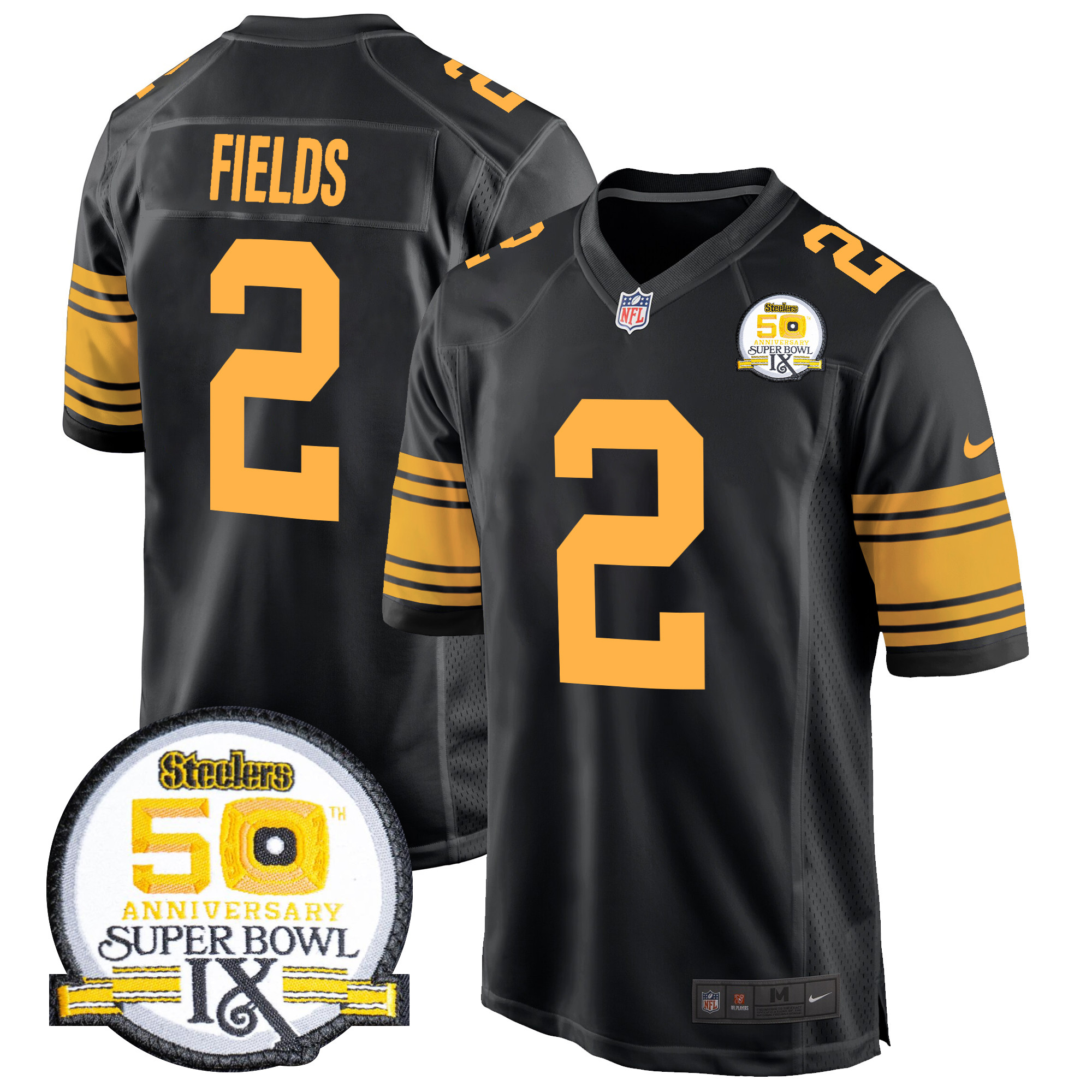 Men's Justin Fields Pittsburgh Steelers 50th Anniversary Of Super Bowl IX Patch Game Color Rush Jersey - All Stitched