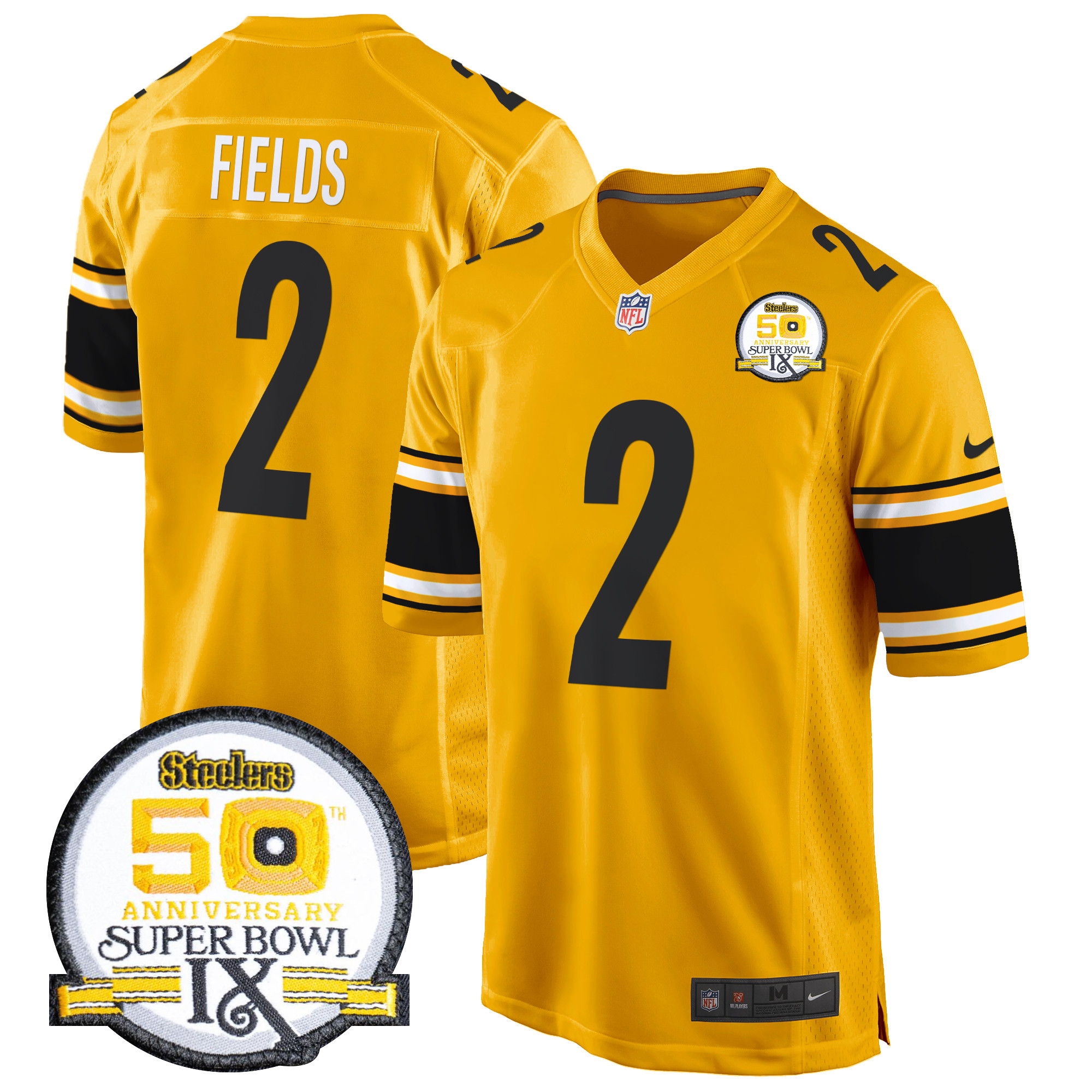 Men's Justin Fields Pittsburgh Steelers 50th Anniversary Of Super Bowl IX Patch Game Gold Jersey - All Stitched