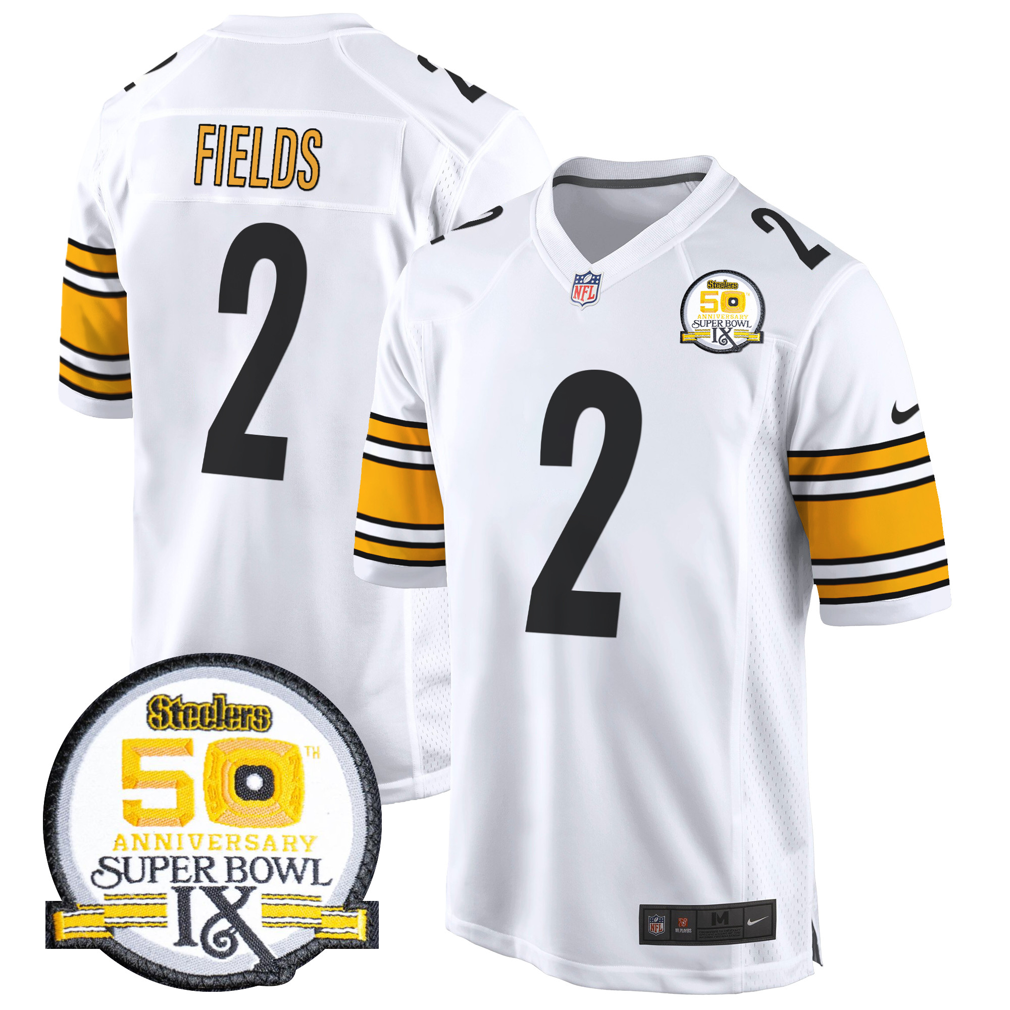 Men's Justin Fields Pittsburgh Steelers 50th Anniversary Of Super Bowl IX Patch Game White Jersey - All Stitched