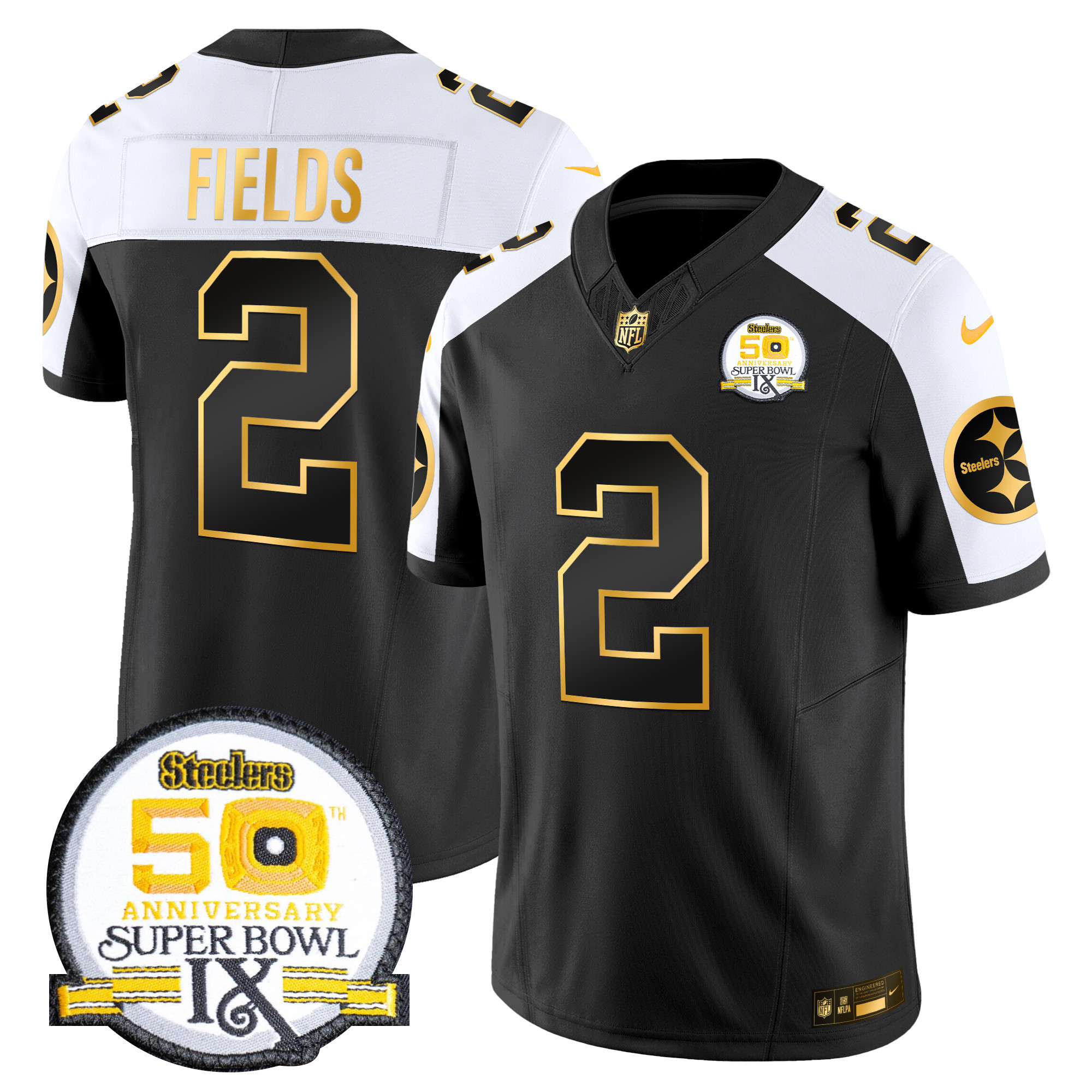Men's Justin Fields Pittsburgh Steelers 50th Anniversary of Super Bowl IX Patch Gold Vapor Limited Alternate Jersey - All Stitched