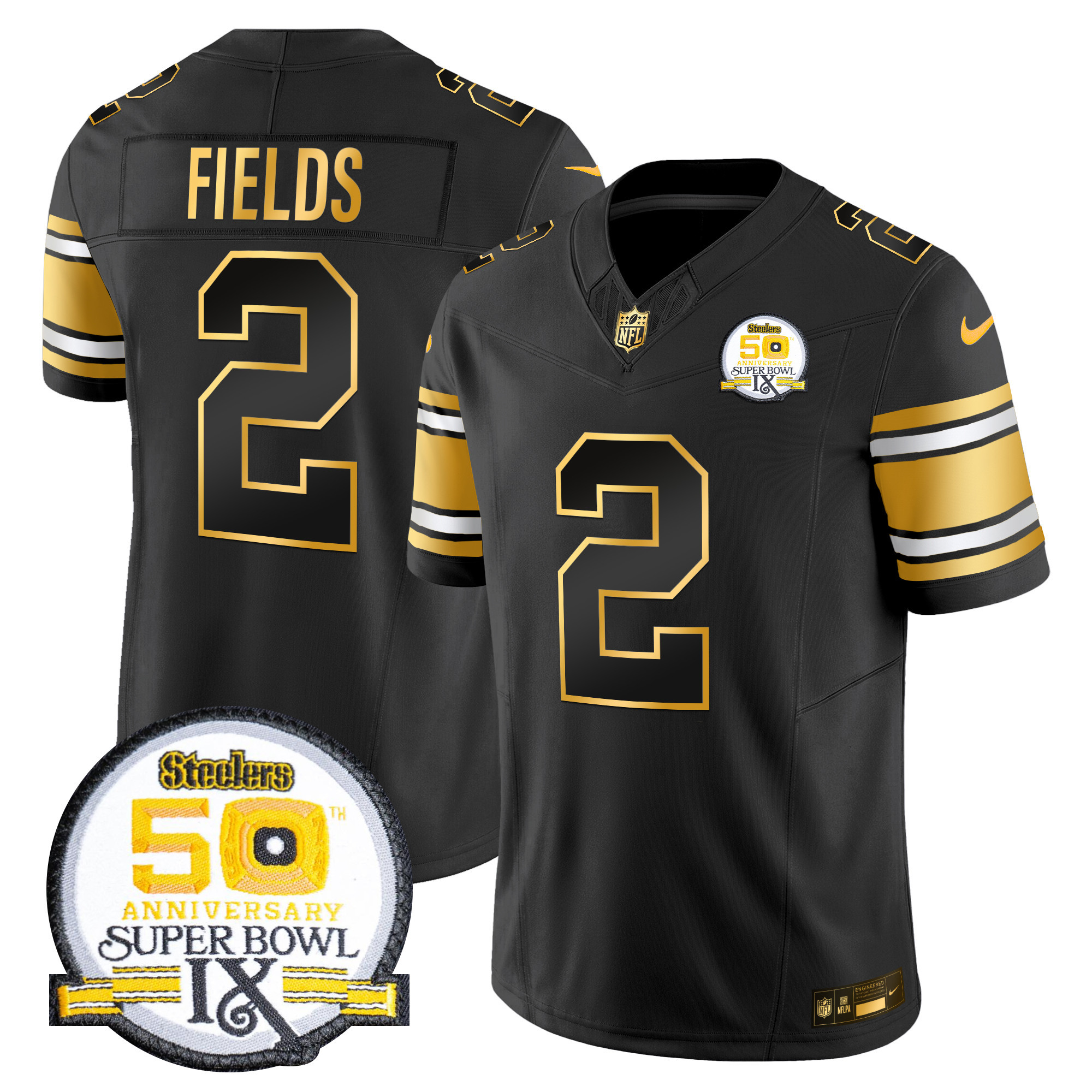 Men's Justin Fields Pittsburgh Steelers 50th Anniversary of Super Bowl IX Patch Gold Vapor Limited Black Gold Jersey - All Stitched