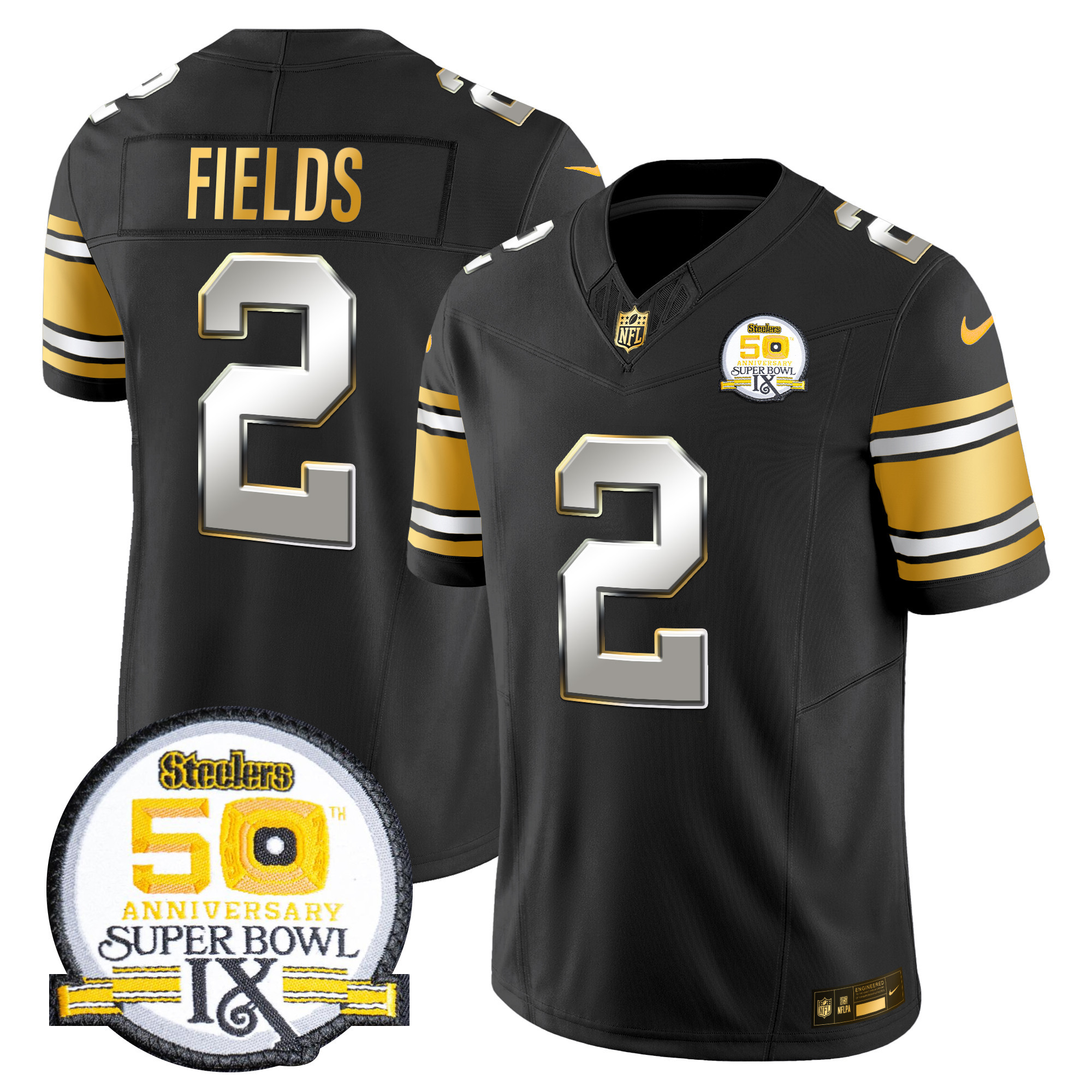 Men's Justin Fields Pittsburgh Steelers 50th Anniversary of Super Bowl IX Patch Gold Vapor Limited Black Limited Jersey - All Stitched