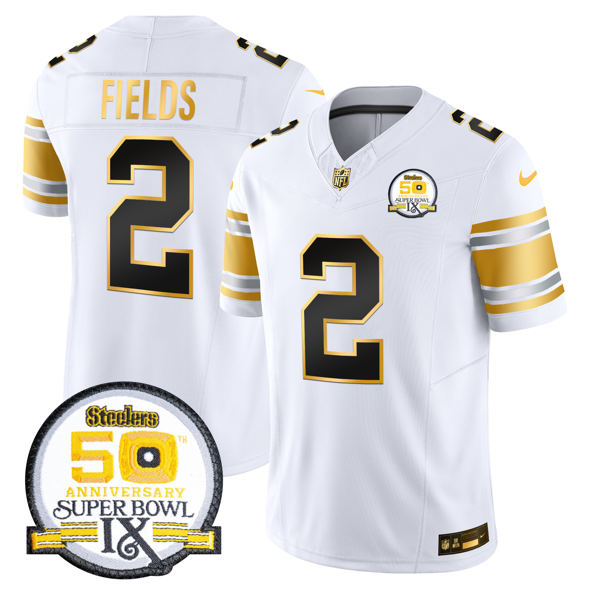 Men's Justin Fields Pittsburgh Steelers 50th Anniversary of Super Bowl IX Patch Gold Vapor Limited White Gold Jersey - All Stitched