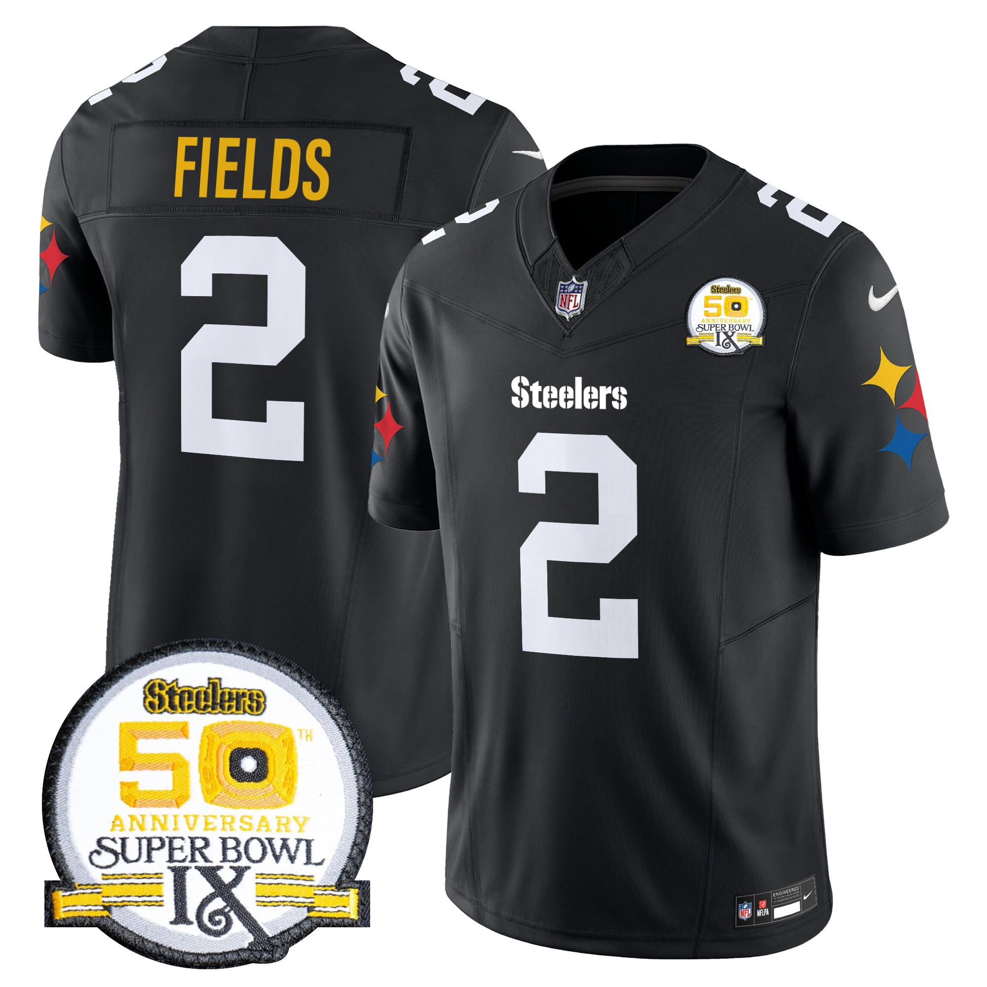 Men's Justin Fields Pittsburgh Steelers 50th Anniversary Of Super Bowl IX Patch Vapor Limited 1975 Throwback Jersey - All Stitched