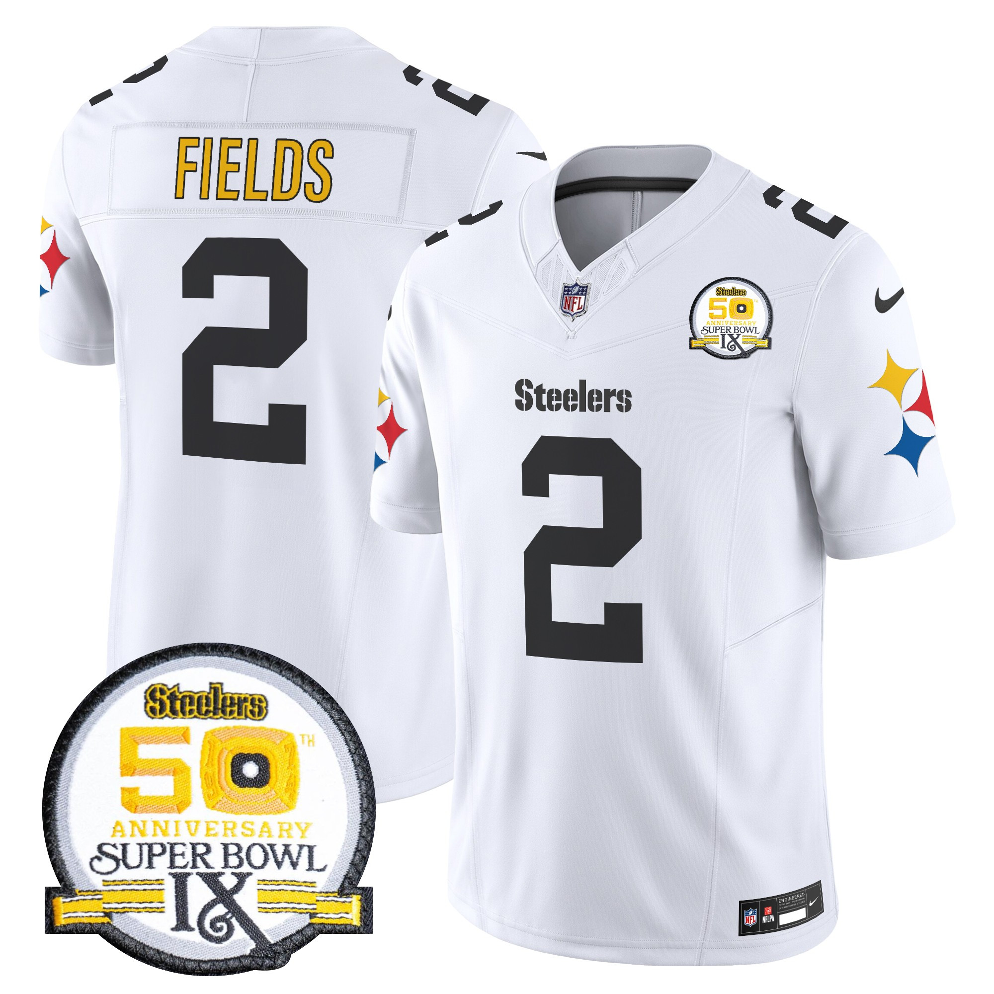 Men's Justin Fields Pittsburgh Steelers 50th Anniversary Of Super Bowl IX Patch Vapor Limited 1975 White Jersey - All Stitched