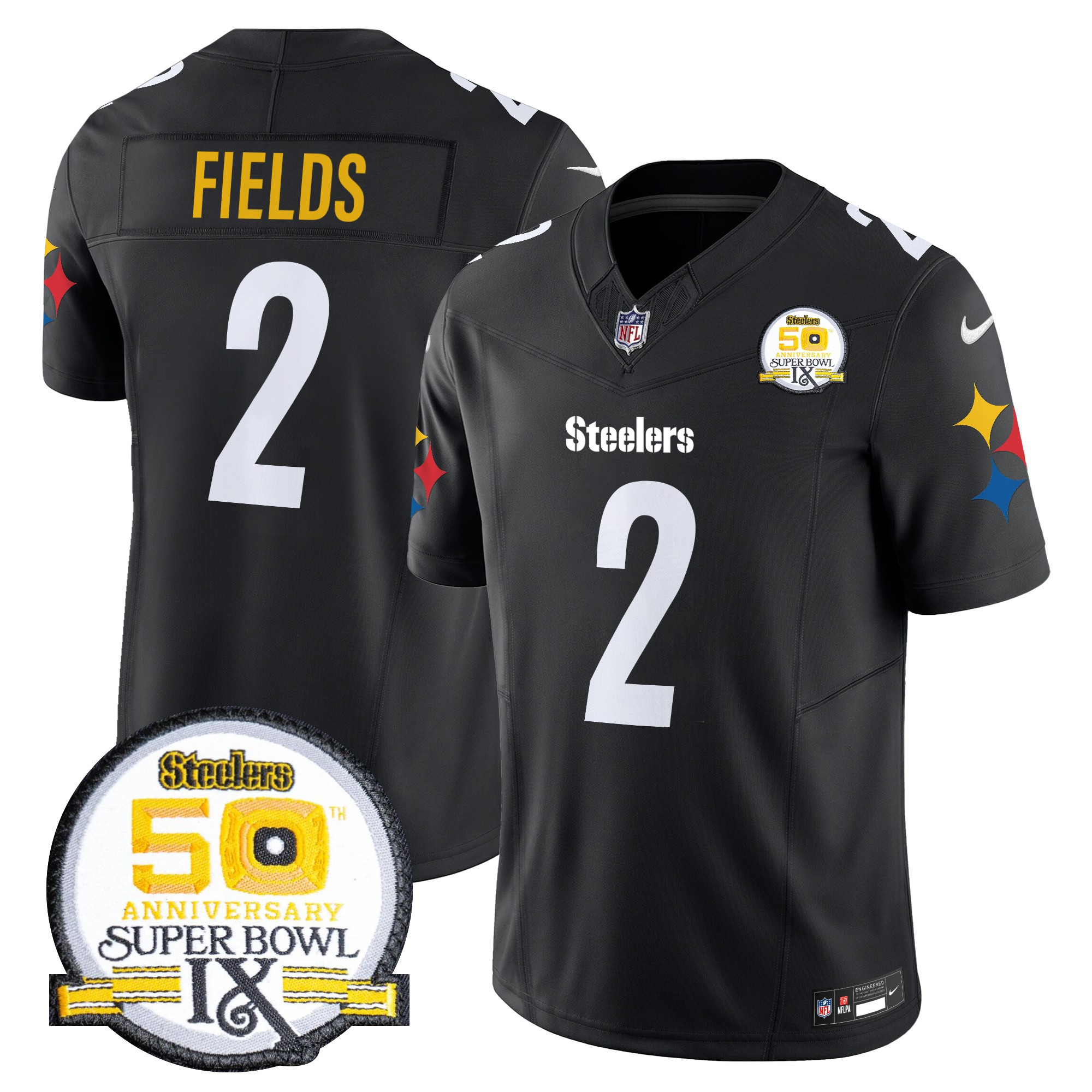 Men's Justin Fields Pittsburgh Steelers 50th Anniversary Of Super Bowl IX Patch Vapor Limited Black Jersey - All Stitched