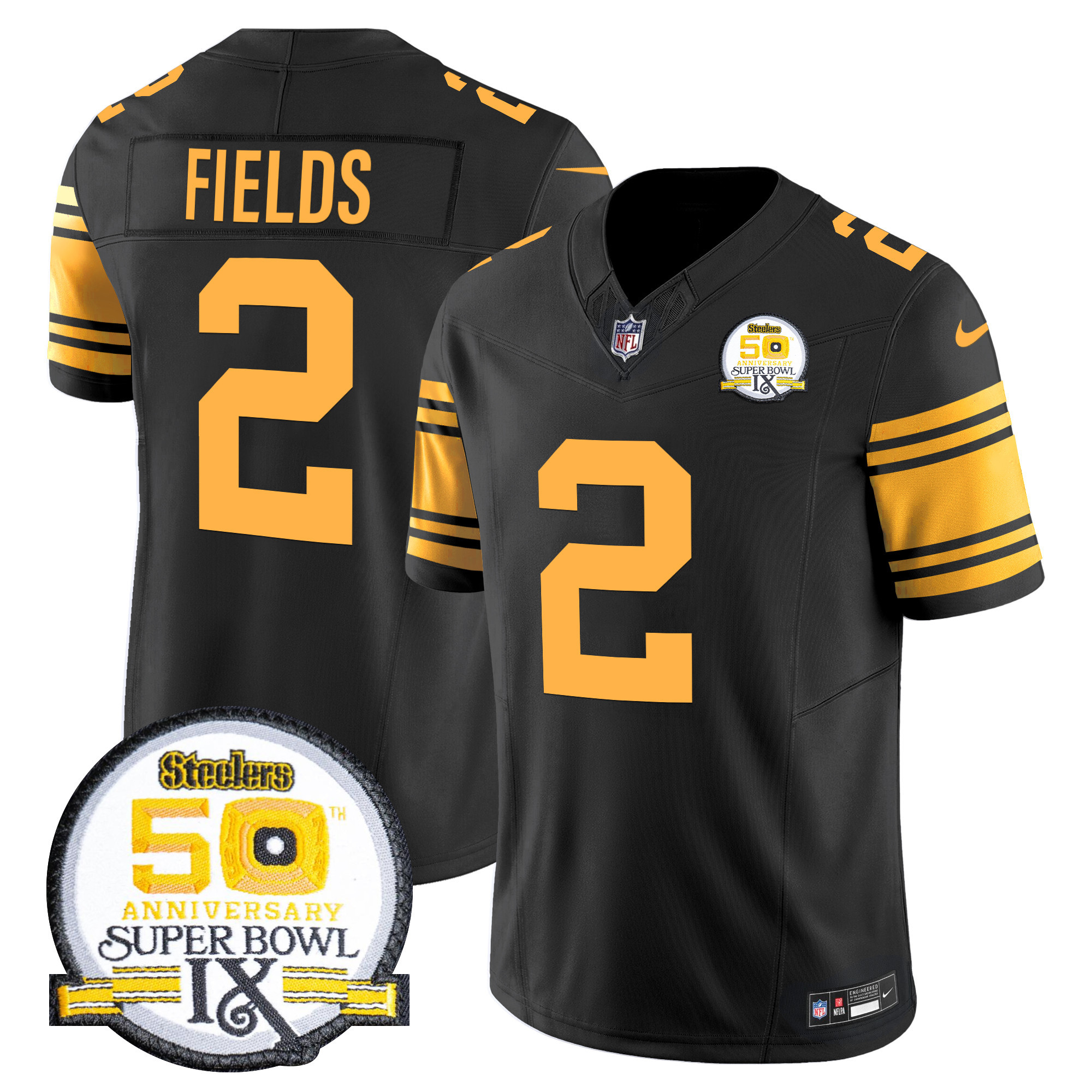 Men's Justin Fields Pittsburgh Steelers 50th Anniversary Of Super Bowl IX Patch Vapor Limited Color Rush Jersey - All Stitched