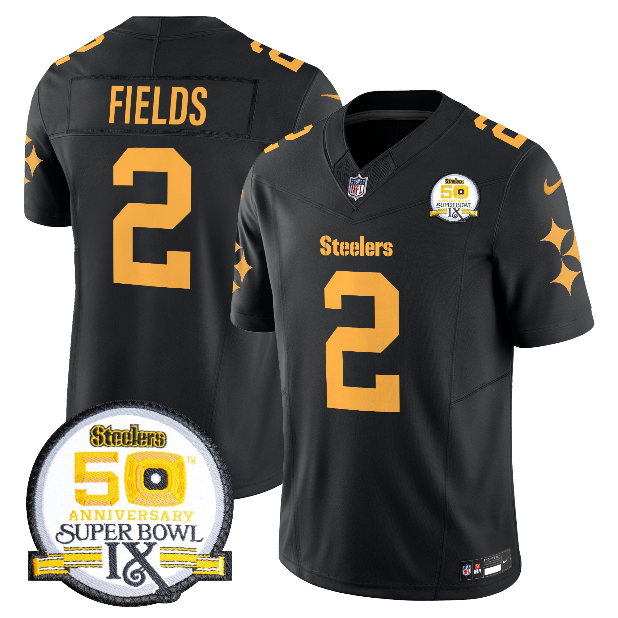 Men's Justin Fields Pittsburgh Steelers 50th Anniversary Of Super Bowl IX Patch Vapor Limited Color Rush Jersey - All Stitched