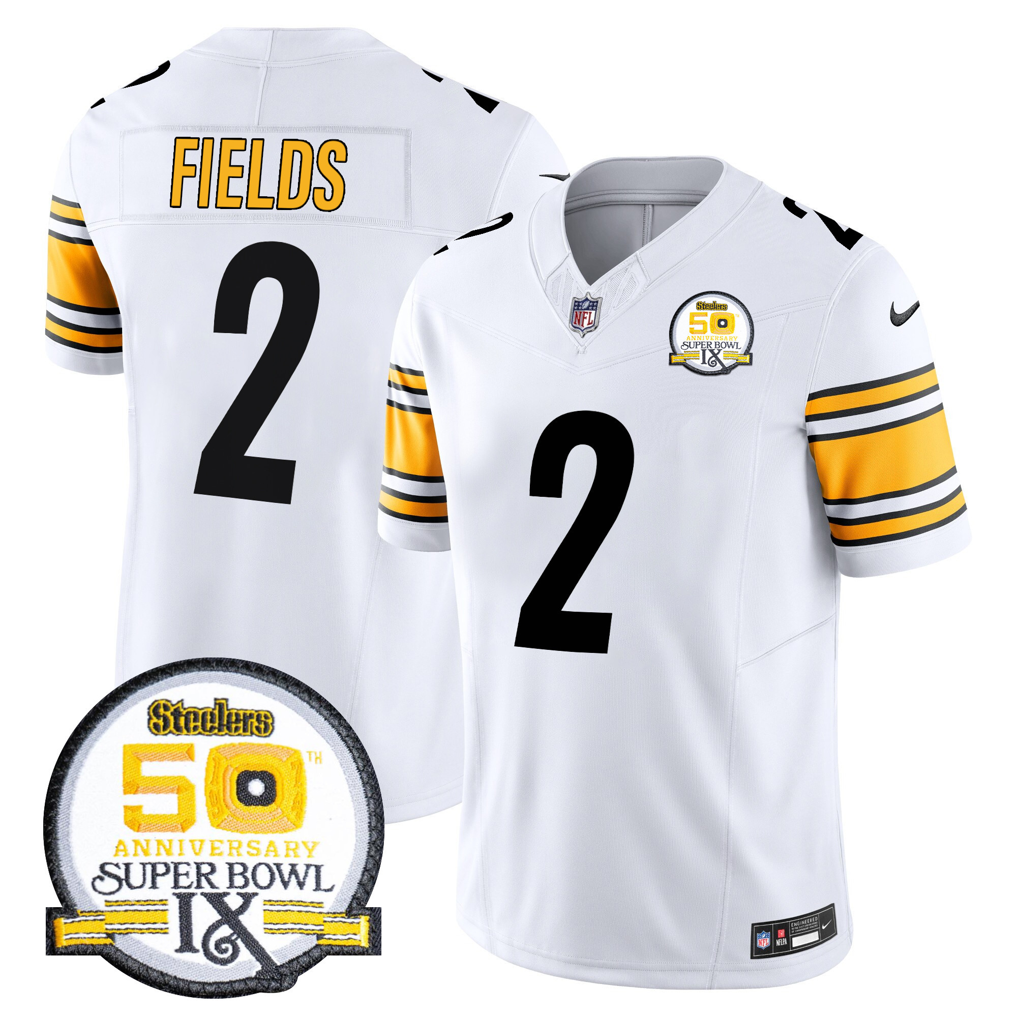 Men's Justin Fields Pittsburgh Steelers 50th Anniversary Of Super Bowl IX Patch Vapor Limited White Jersey - All Stitched
