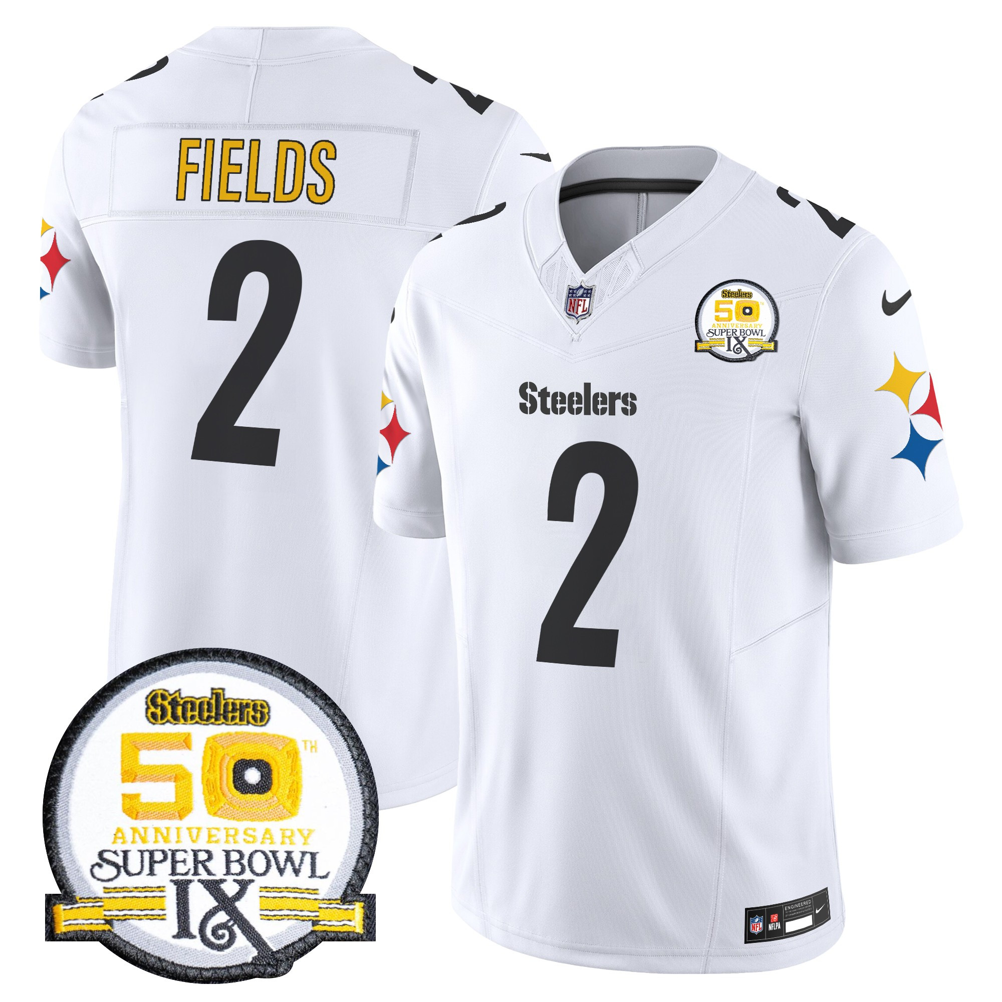 Men's Justin Fields Pittsburgh Steelers 50th Anniversary Of Super Bowl IX Patch Vapor Limited White Jersey - All Stitched