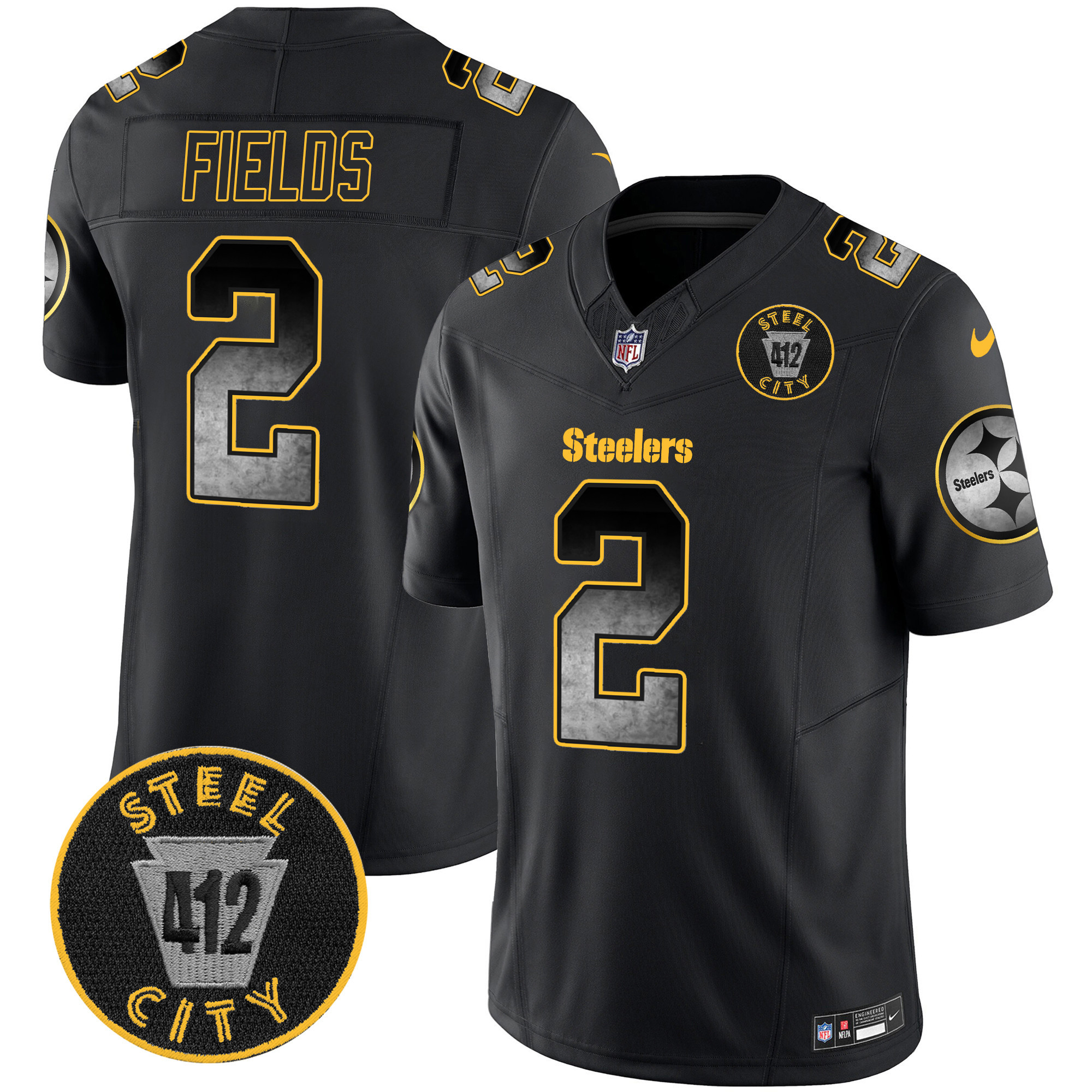Men's Justin Fields Pittsburgh Steelers Arch Smoke 412 Patch Vapor Limited Black Jersey - All Stitched