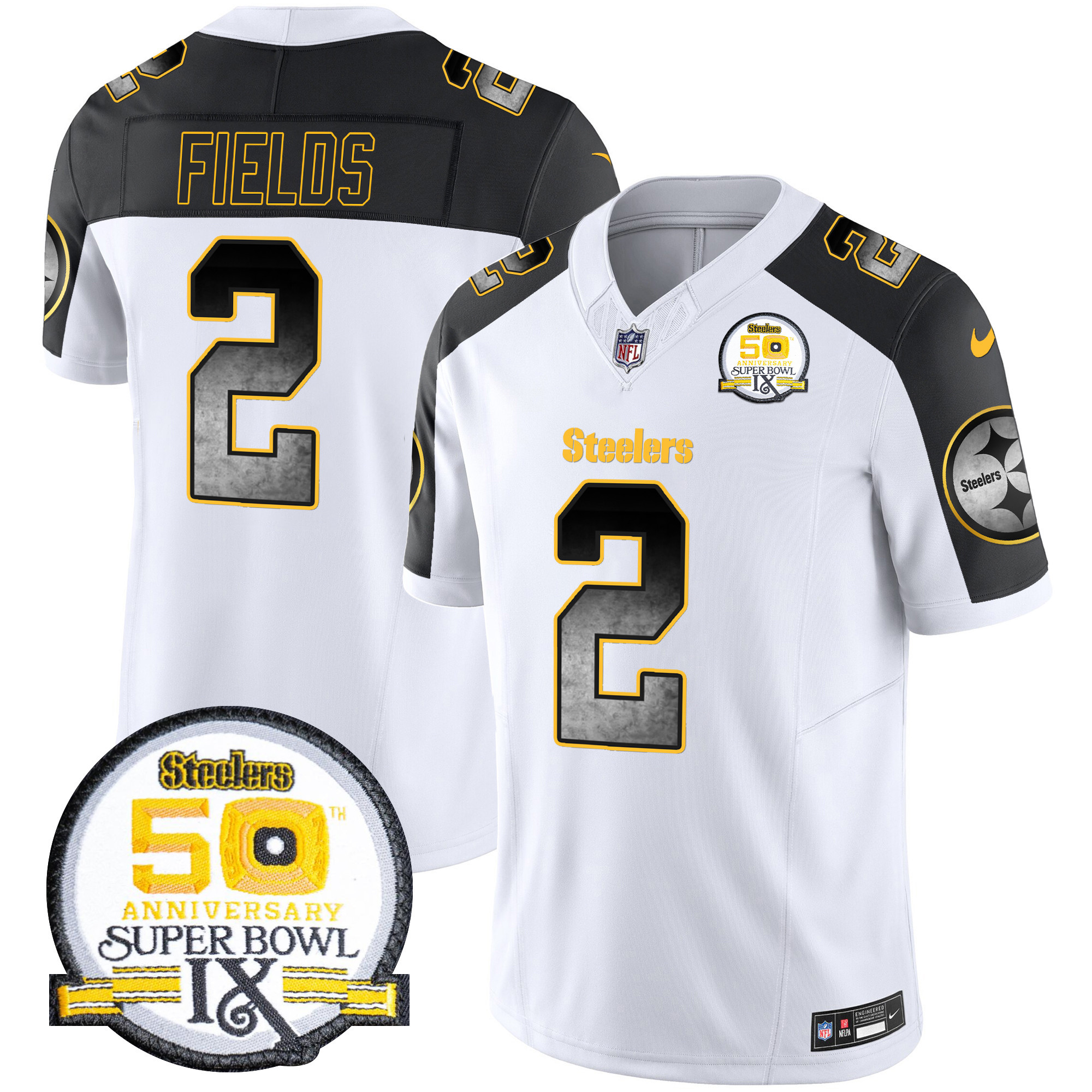 Men's Justin Fields Pittsburgh Steelers Arch Smoke 50th Anniversary Of Super Bowl IX Patch Vapor Limited Inverted Jersey - All Stitched