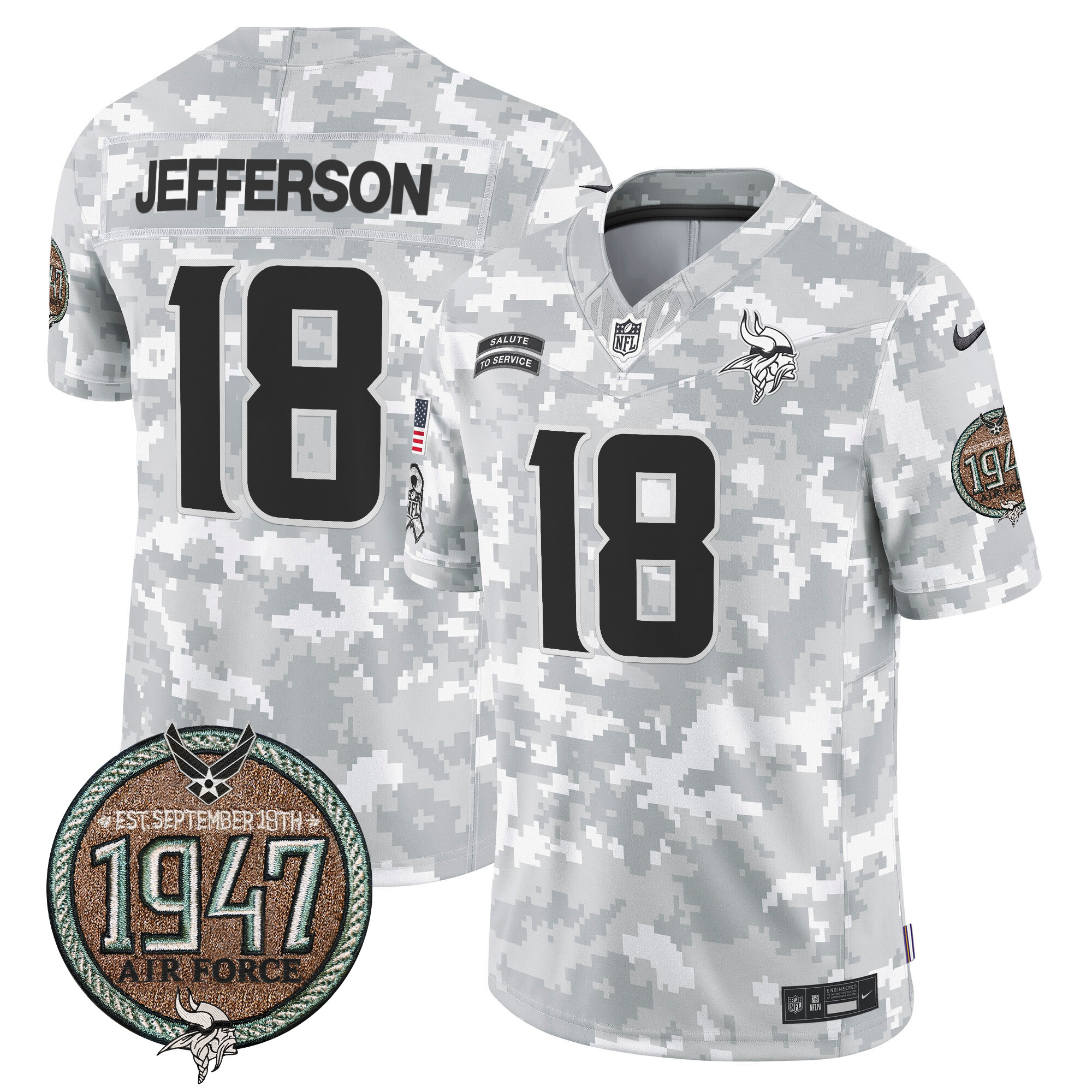 Men's Justin Jefferson Minnesota Vikings 2024 Salute to Service Establishment Year Patch Vapor Limited Air Force Jersey - All Stitched