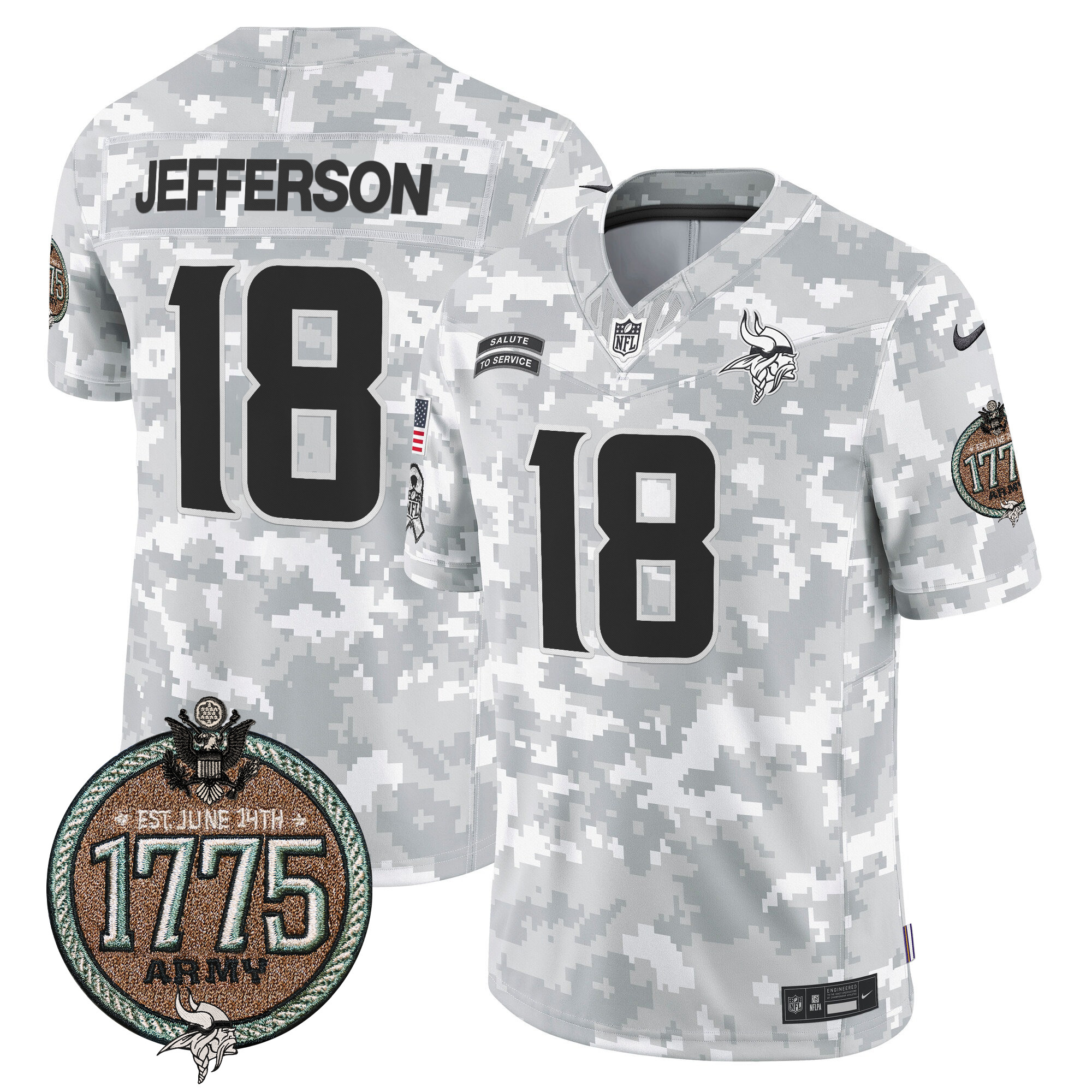 Men's Justin Jefferson Minnesota Vikings 2024 Salute to Service Establishment Year Patch Vapor Limited Army Jersey - All Stitched