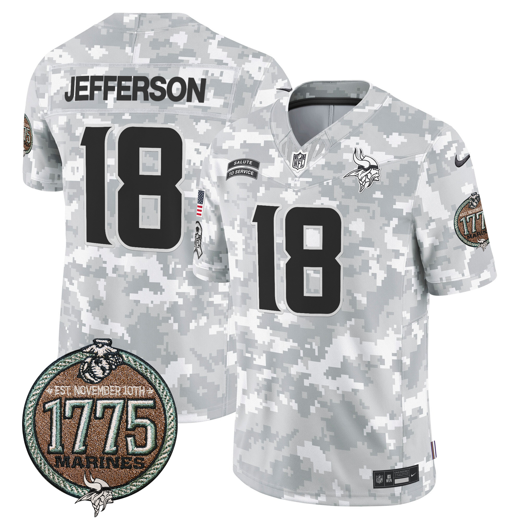 Men's Justin Jefferson Minnesota Vikings 2024 Salute to Service Establishment Year Patch Vapor Limited Marines Jersey - All Stitched