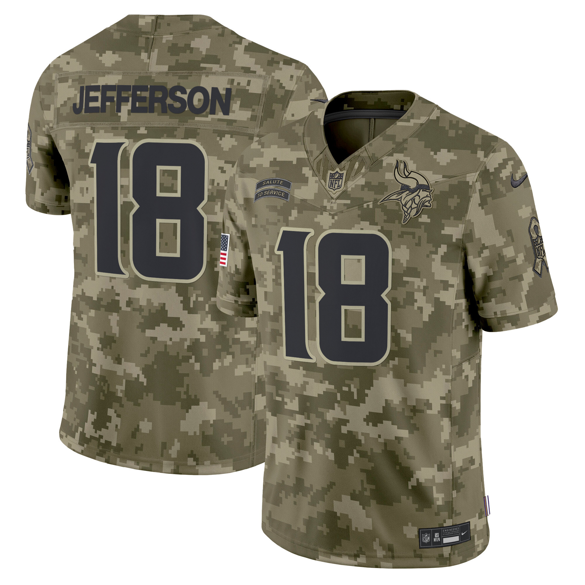 Men's Justin Jefferson Minnesota Vikings 2024 Salute to Service Vapor Limited Olive Camo Jersey - All Stitched