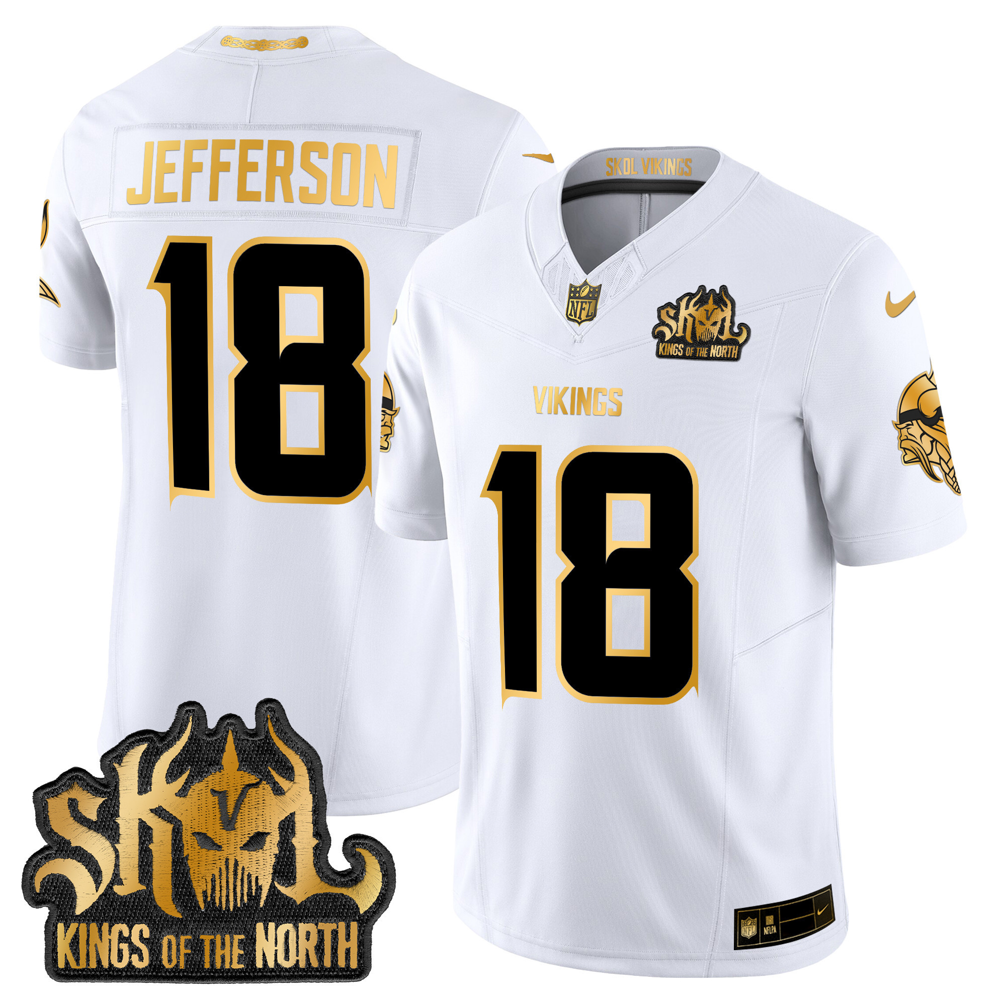 Men's Justin Jefferson Minnesota Vikings 2024 Winter Warrior Skol Patch Gold Vapor Limited White Gold Jersey - All Stitched