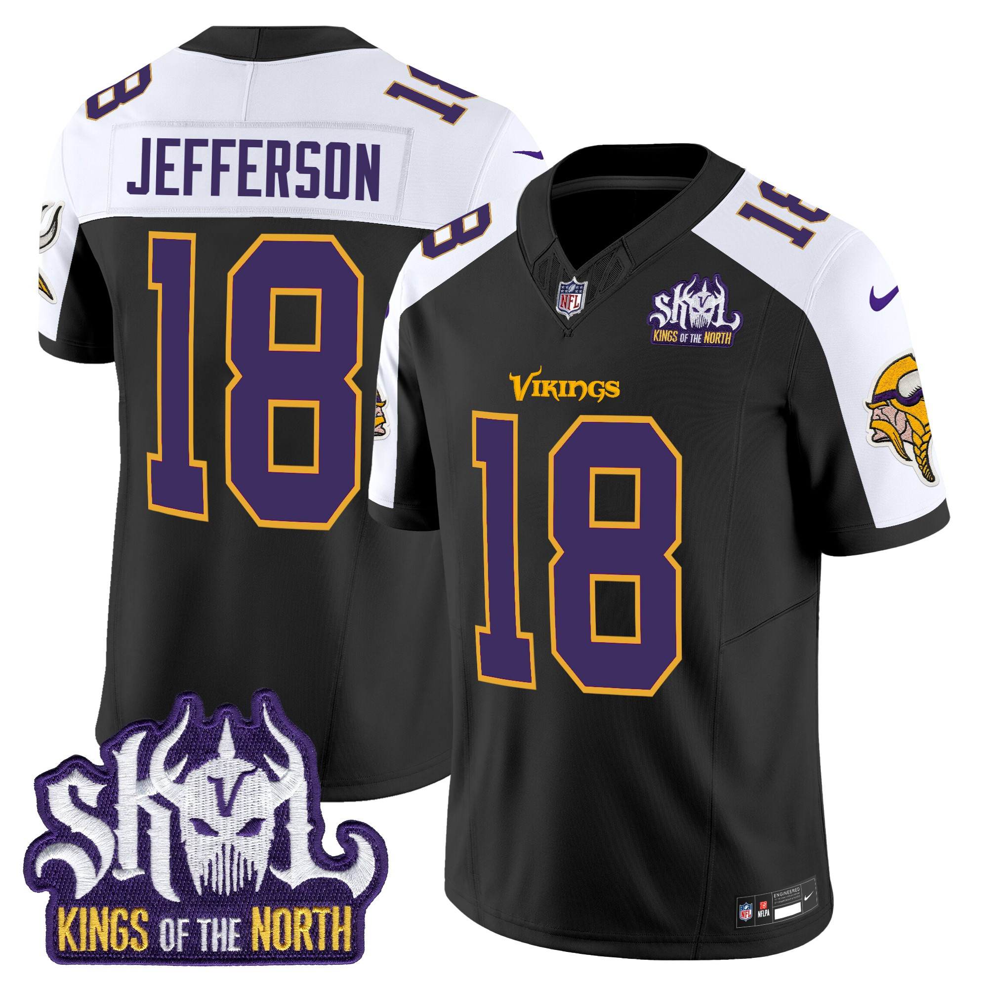 Men's Justin Jefferson Minnesota Vikings King Of The North Patch Throwback Vapor Limited Black Alternate Jersey - All Stitched