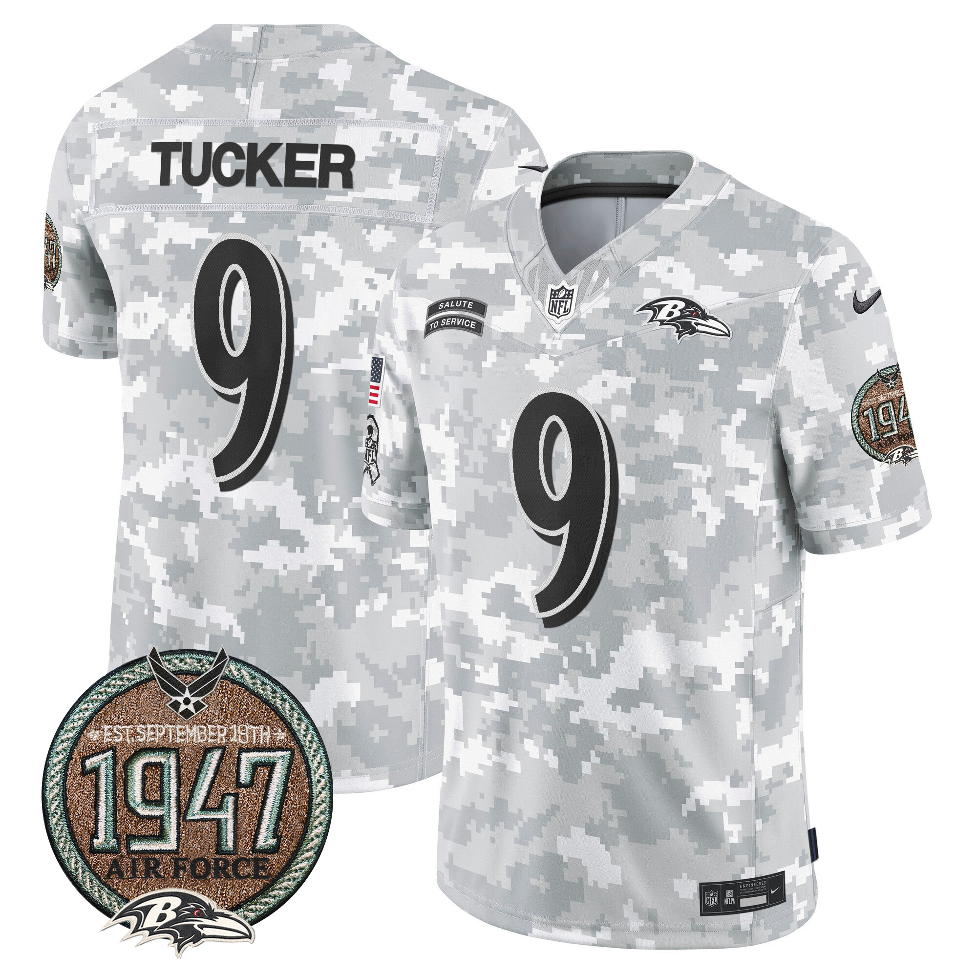 Men's Justin Tucker Baltimore Ravens 2024 Salute to Service Establishment Year Patch Vapor Limited Air Force Jersey - All Stitched