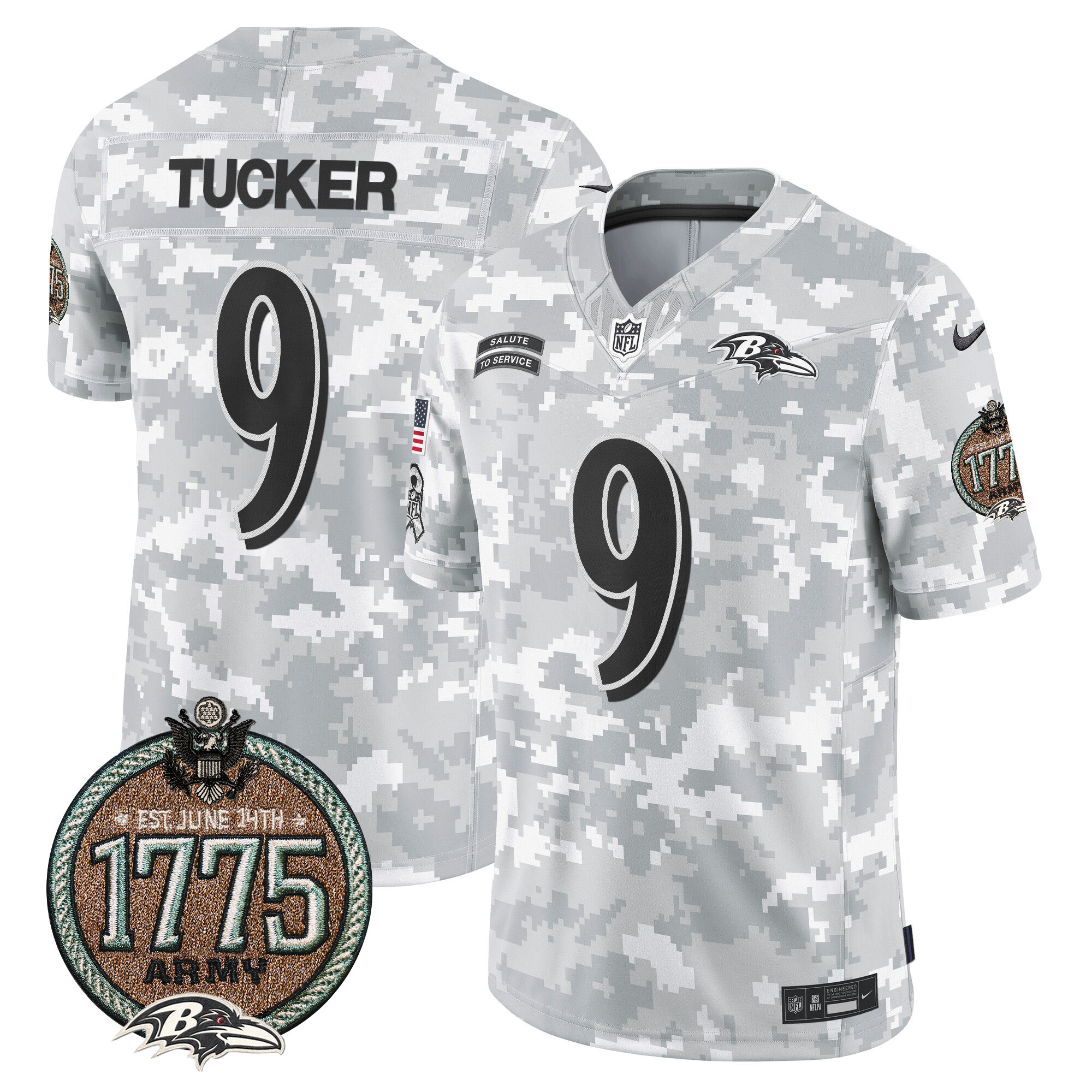 Men's Justin Tucker Baltimore Ravens 2024 Salute to Service Establishment Year Patch Vapor Limited Army Jersey - All Stitched