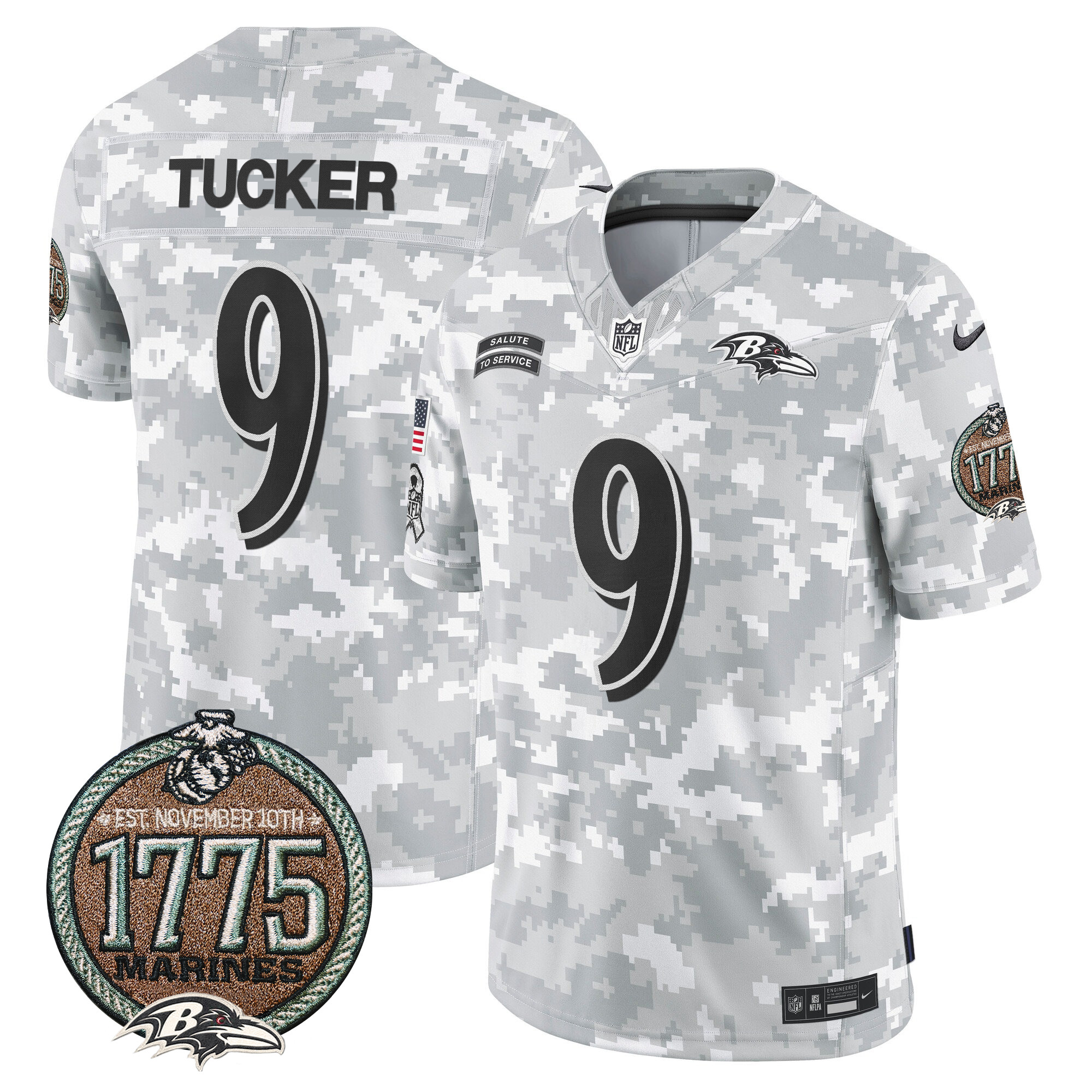 Men's Justin Tucker Baltimore Ravens 2024 Salute to Service Establishment Year Patch Vapor Limited Marines Jersey - All Stitched