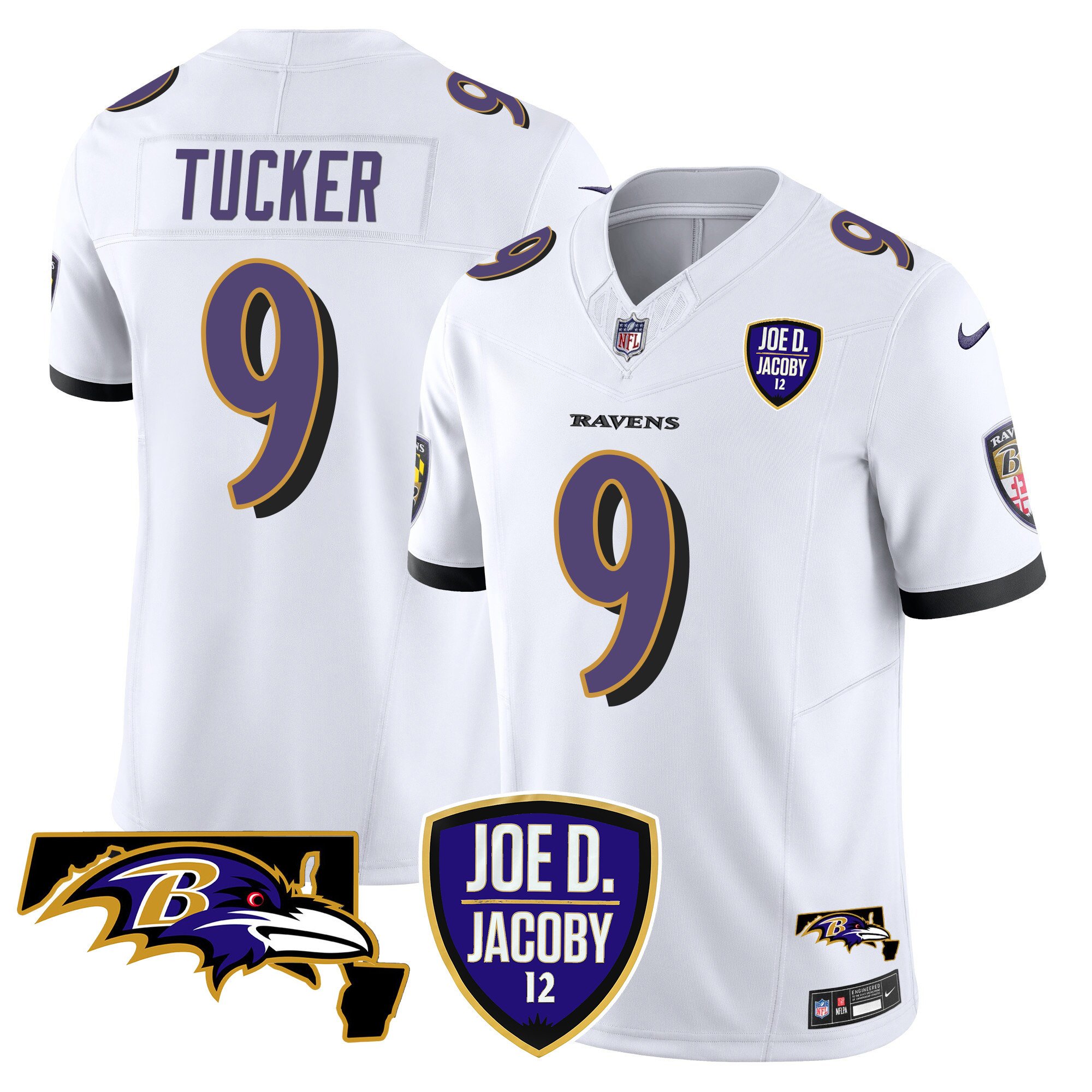 Men's Justin Tucker Baltimore Ravens Joe D & Jacoby Patch Vapor Limited White Jersey - All Stitched
