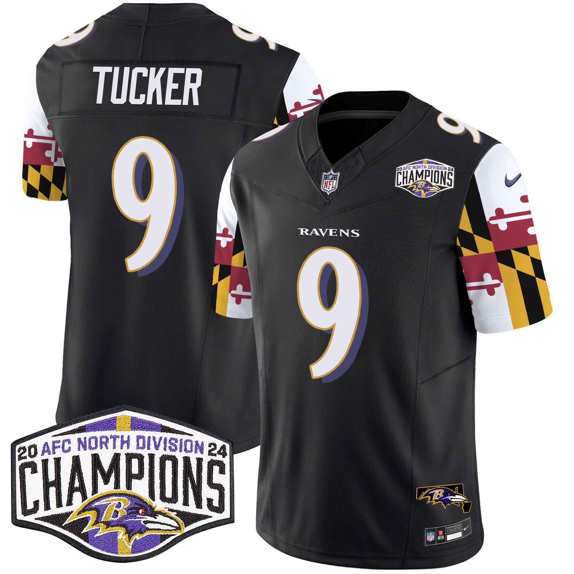 Men's Justin Tucker Baltimore Ravens Maryland Flag 2024 AFC North Division Champions Patch Vapor Limited Black Jersey - All Stitched