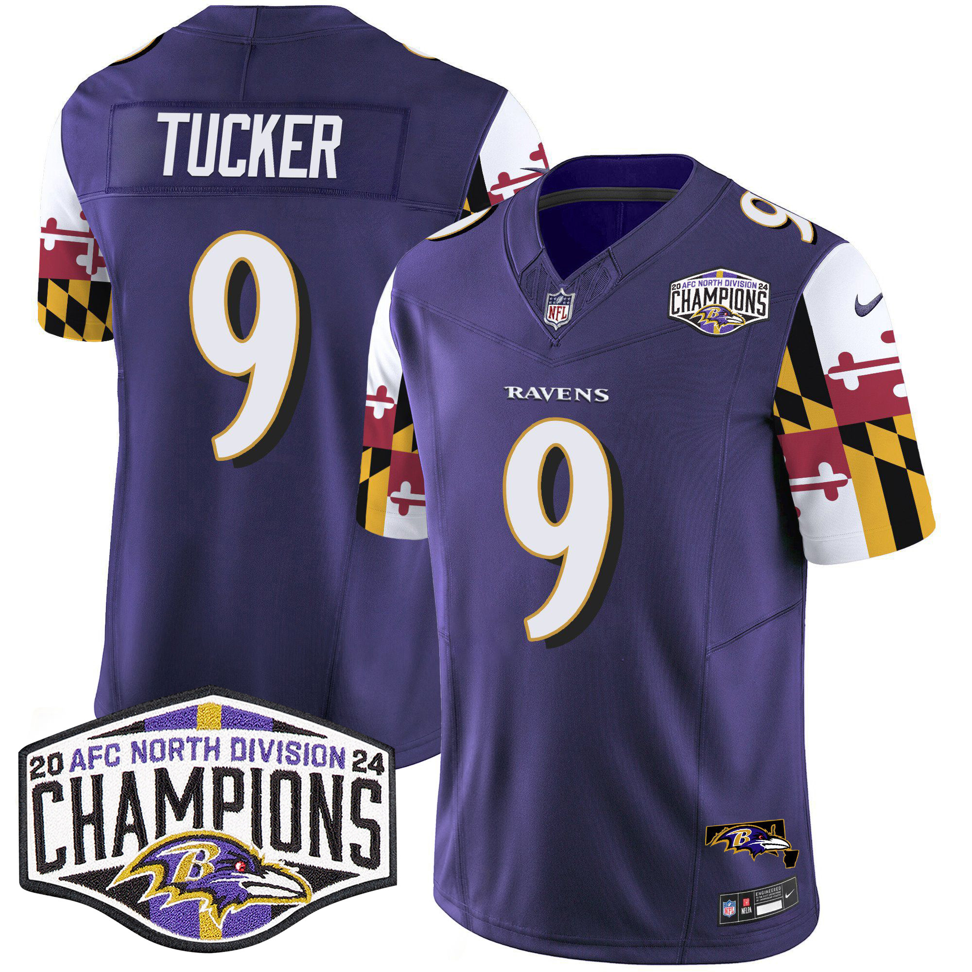 Men's Justin Tucker Baltimore Ravens Maryland Flag 2024 AFC North Division Champions Patch Vapor Limited Purple Jersey - All Stitched