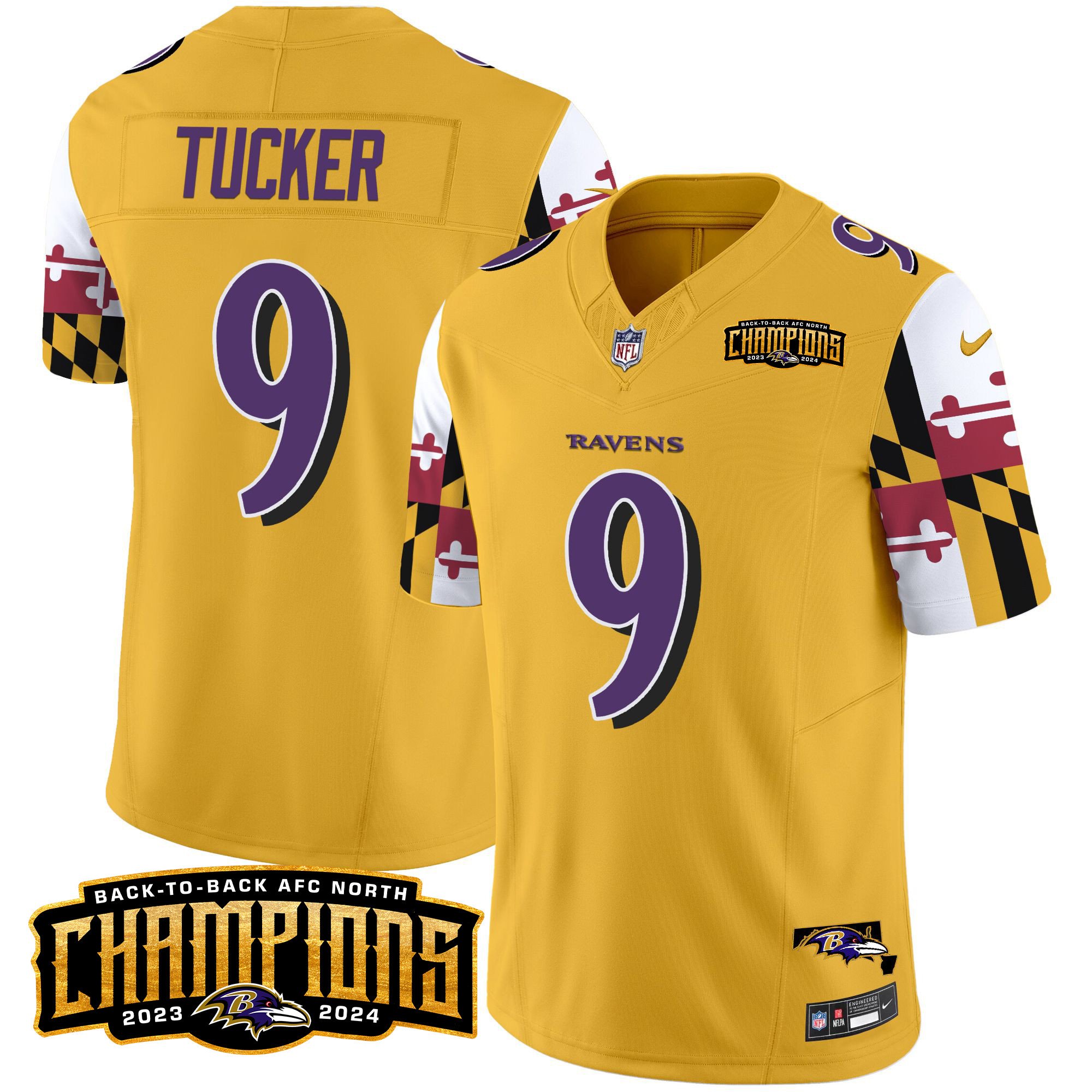 Men's Justin Tucker Baltimore Ravens Maryland Flag Back To Back AFC North Champions Patch Vapor Limited Gold Jersey - All Stitched