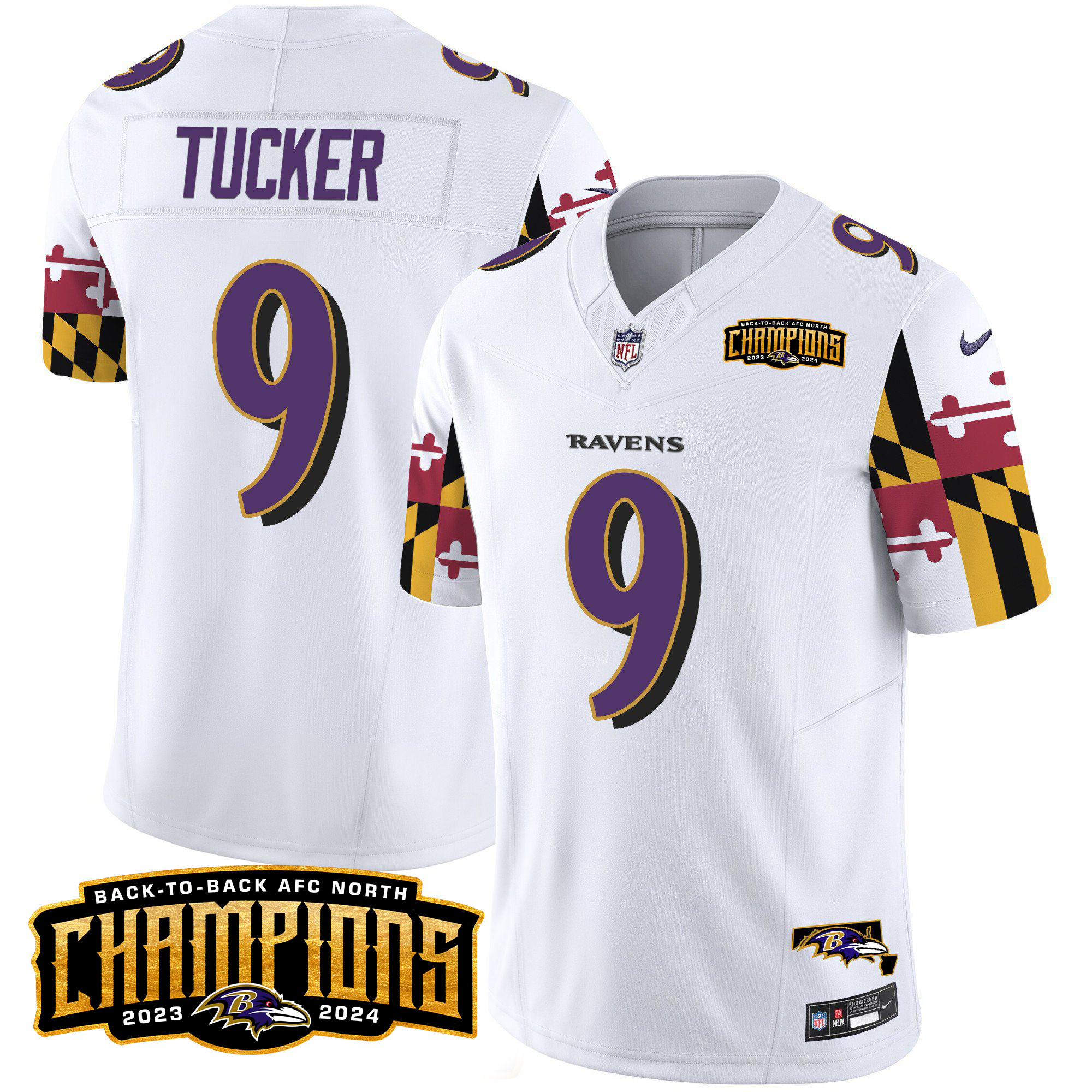Men's Justin Tucker Baltimore Ravens Maryland Flag Back To Back AFC North Champions Patch Vapor Limited White Jersey - All Stitched